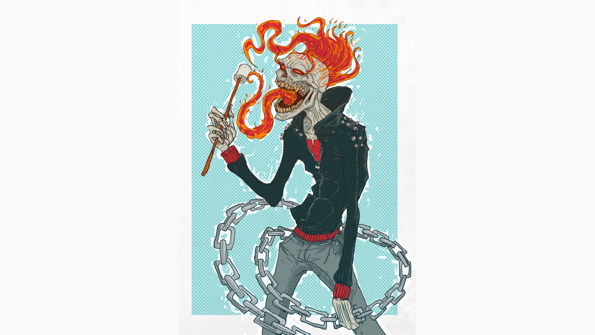 General 1920x1080 artwork Ghost Rider comic art skull marshmallows white background chains fire cyan leather jacket