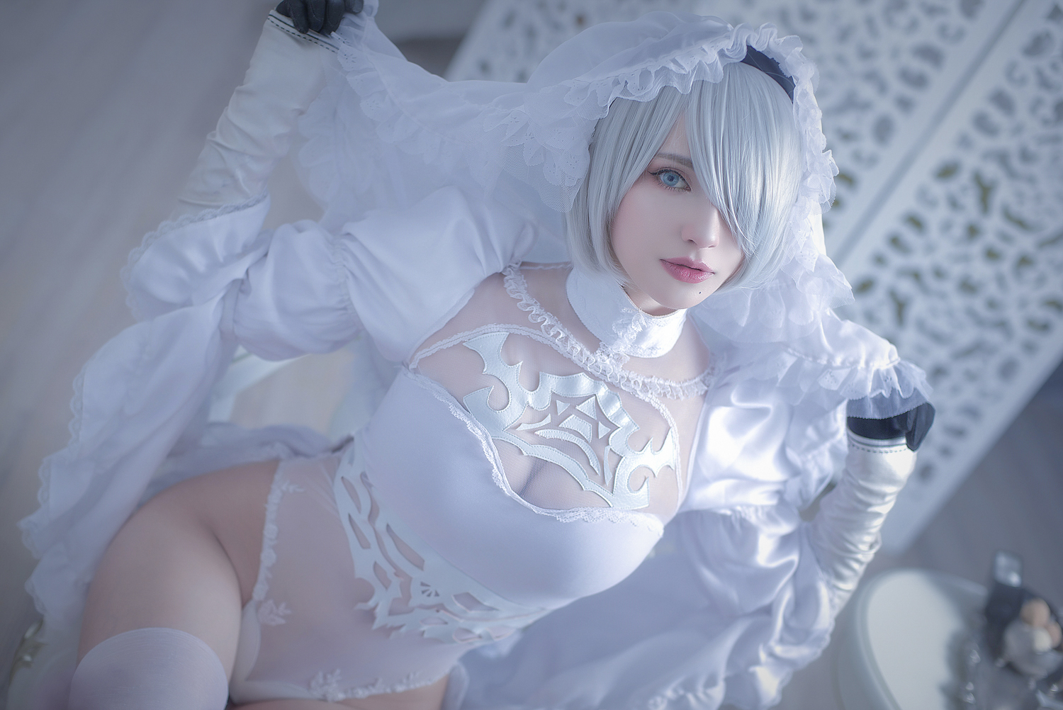 People 1500x1002 women model indoors women indoors cosplay video games video game characters video game girls Nier: Automata Sai Westwood 2B (Nier: Automata) white clothing short hair silver hair thigh-highs hair over one eye looking at viewer Ukrainian women white stockings