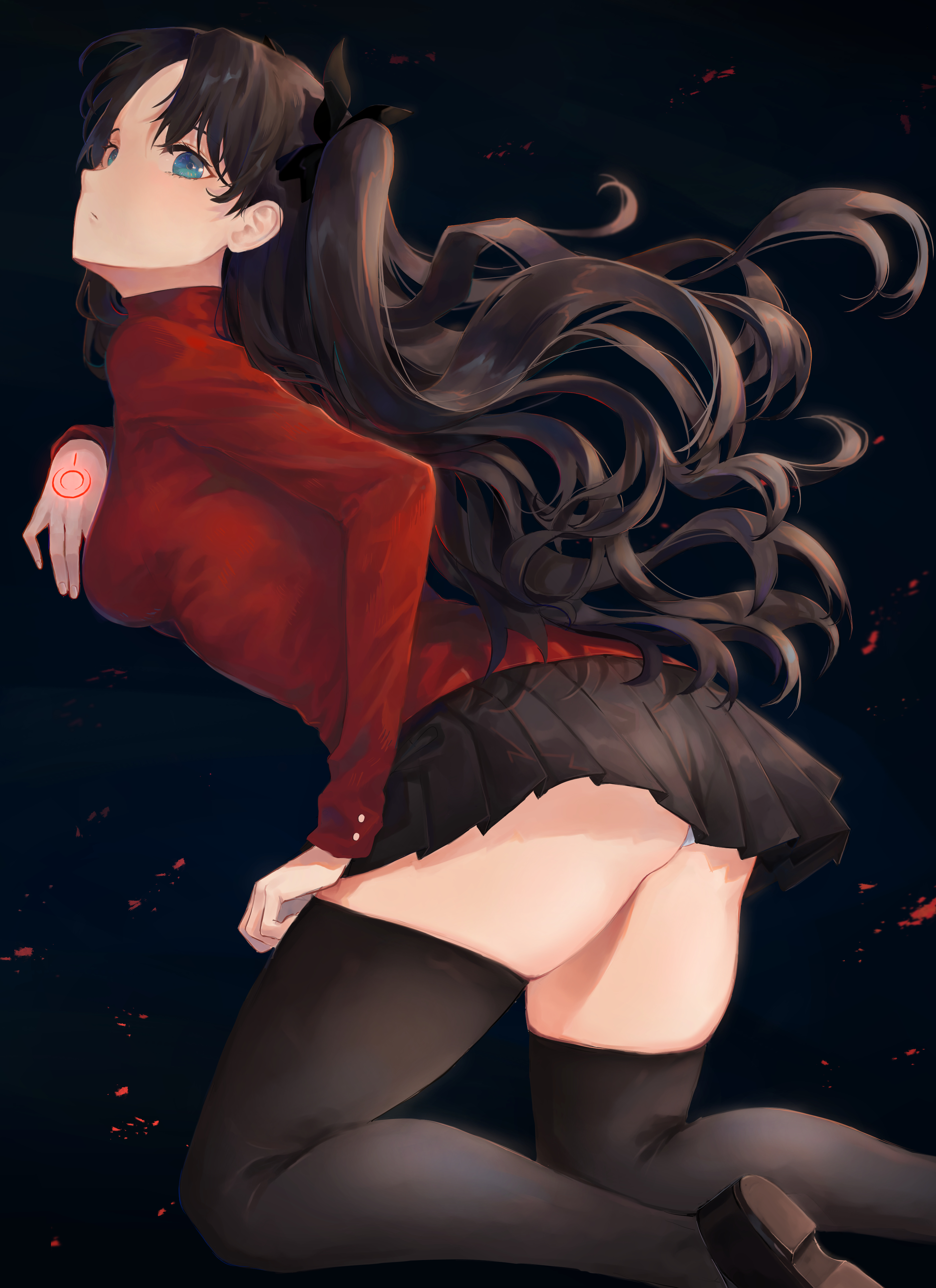 Anime 2811x3869 Fate series Fate/Stay Night Fate/Stay Night: Unlimited Blade Works JK red sweater black stockings anime girls thighs the gap long hair low-angle glutes 2D portrait display Tohsaka Rin ecchi zettai ryouiki fan art anime Pigonhae