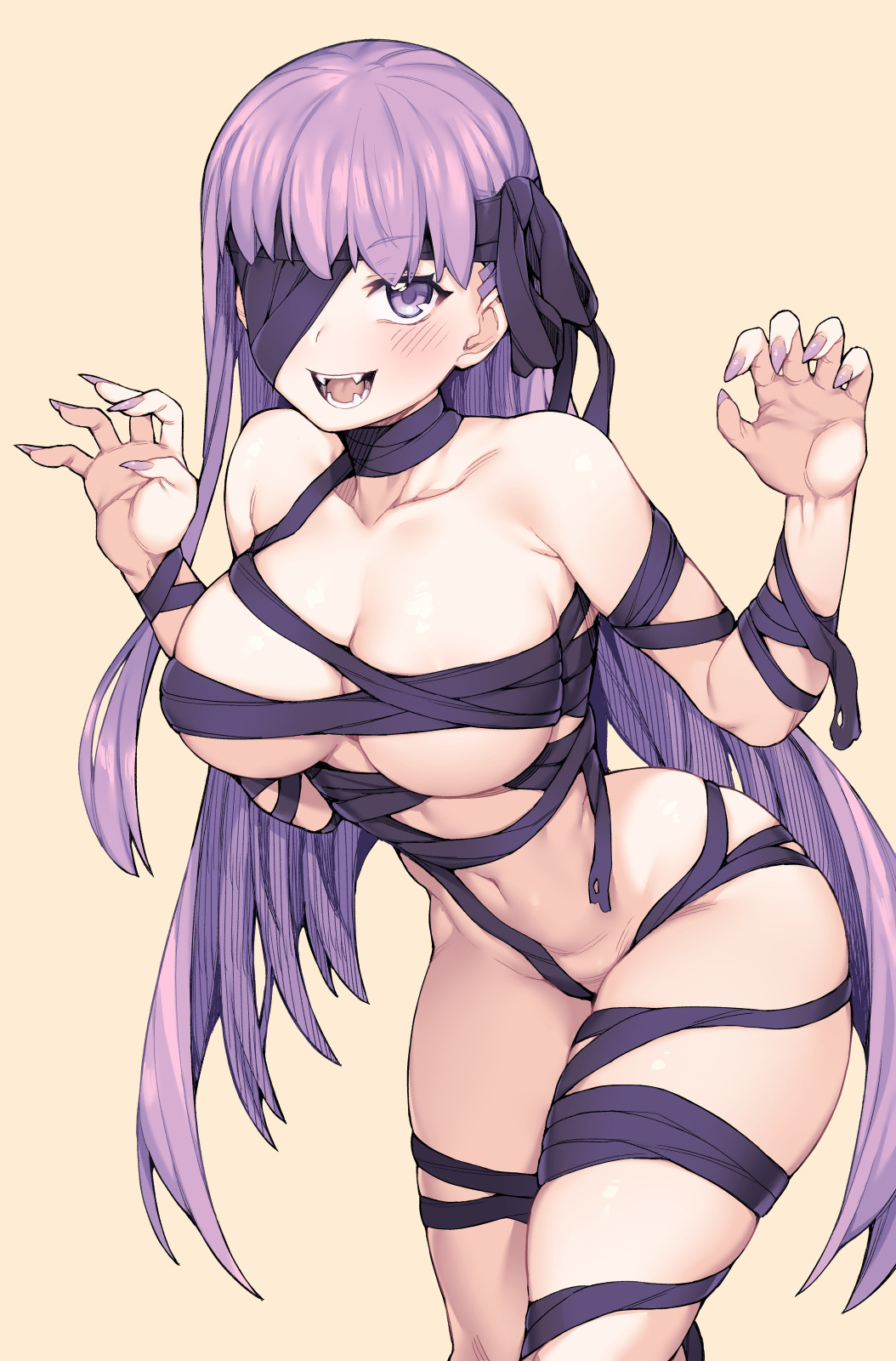 Anime 1054x1600 anime girls portrait display big boobs Fate series BB (Fate/Extra CCC ) jp06 nude strategic covering bondaged anime purple hair purple eyes Fate/Grand Order fangs wrapped bandages