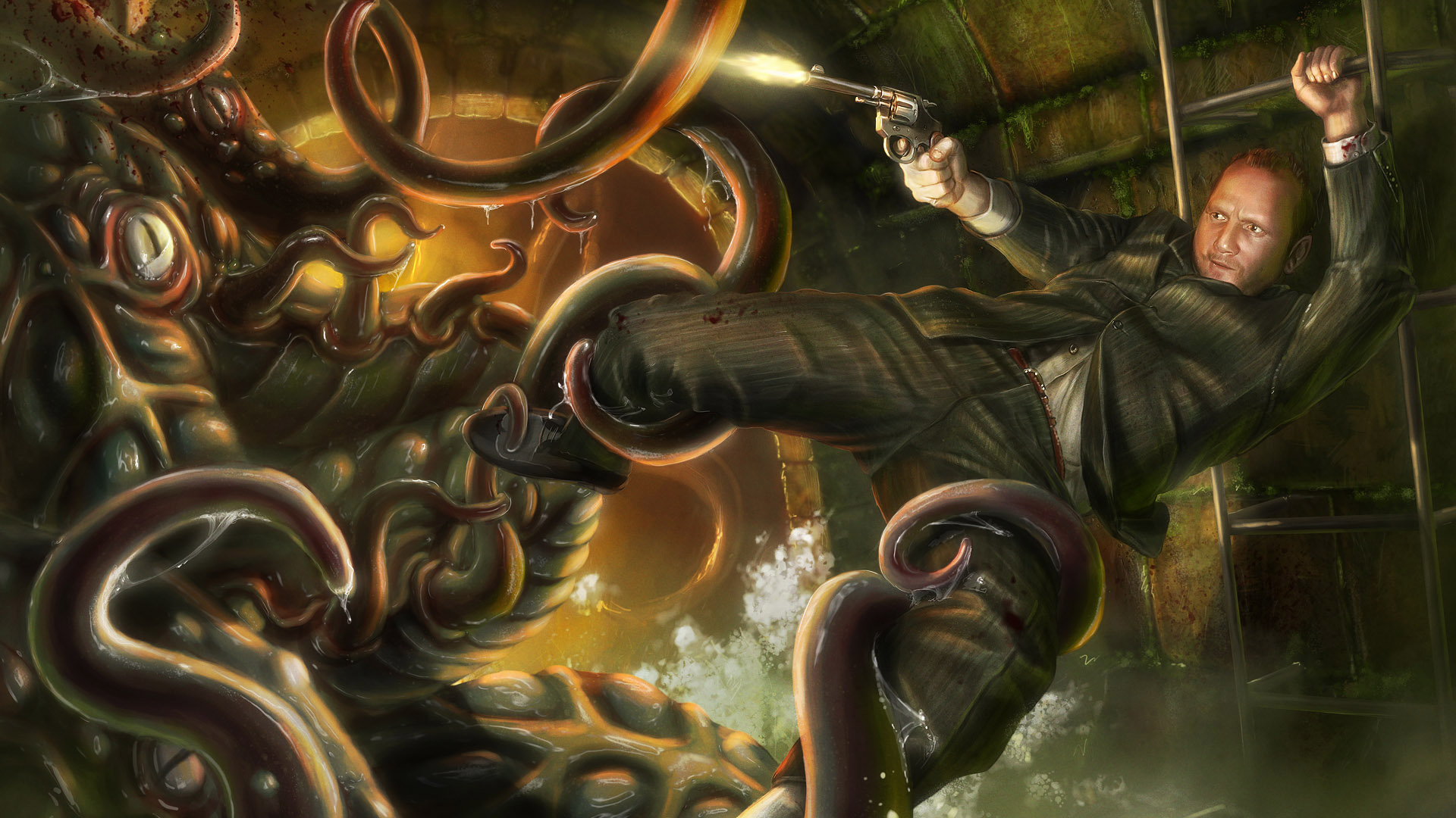 General 1920x1080 fantasy art digital art creature men revolver tentacles