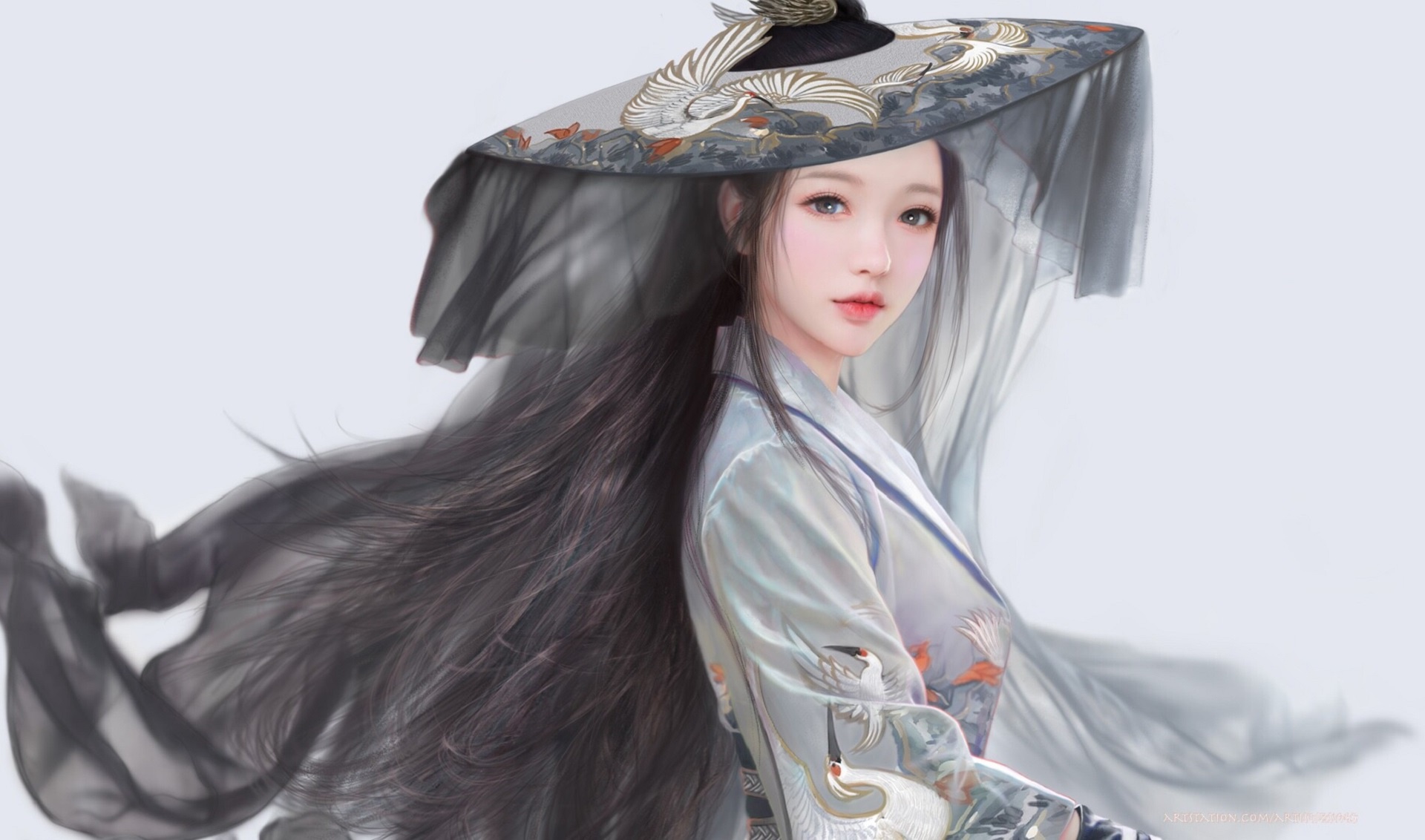 General 1920x1132 women fantasy art fantasy girl hat dark hair long hair simple background artwork Ruo Xin (张若昕)