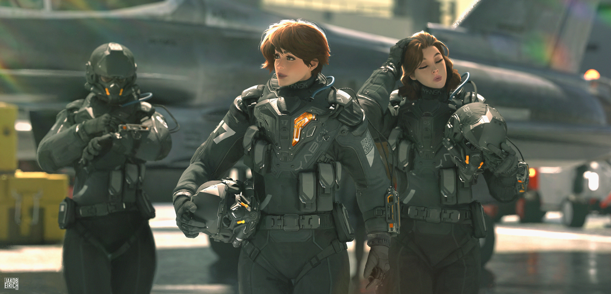 General 2000x962 original characters military women pilot suits helmet brunette short hair long hair jet fighter science fiction Jakob Eirich
