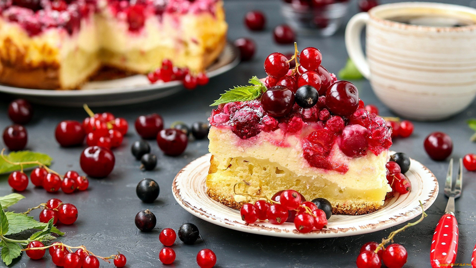 General 1920x1080 food cake fruit sweets berries closeup fork cup depth of field plates