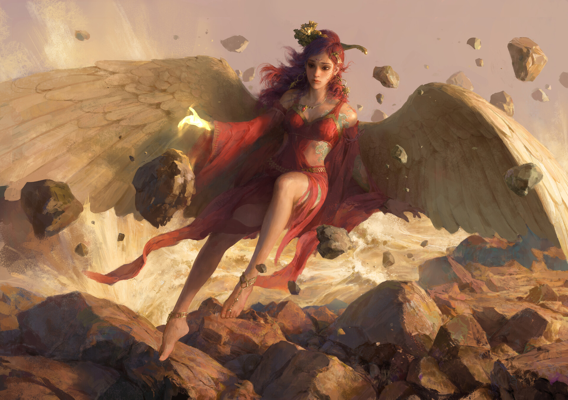 General 1920x1355 fantasy art wings legs rocks redhead fantasy girl artwork barefoot angel Senfeng Chen