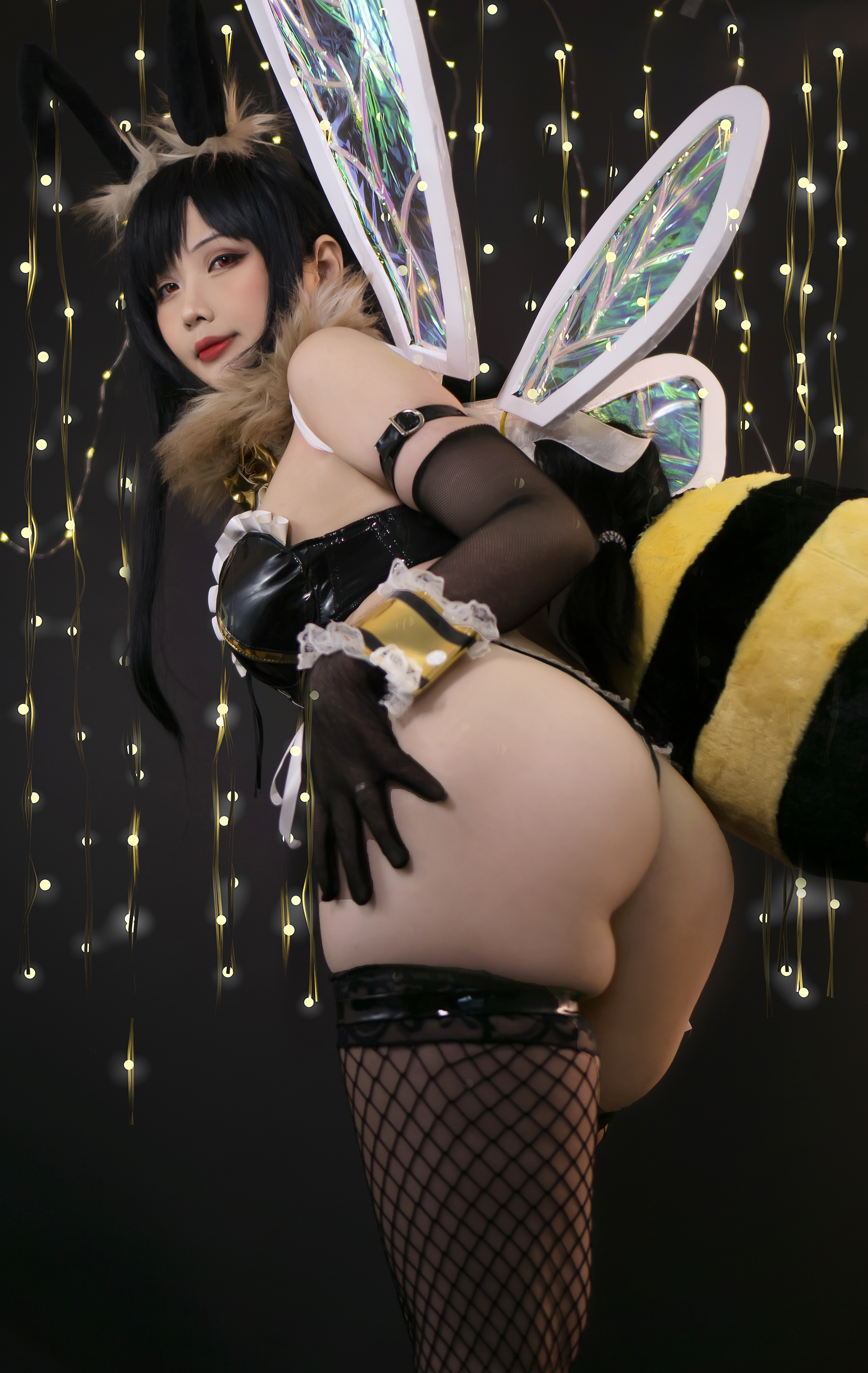 People 3536x5593 women model indoors women indoors cosplay black hair long hair Hana Bunny Tifa Lockhart video game characters Final Fantasy Final Fantasy VII ass looking at viewer thighs thick thigh lingerie lights fishnet red eyes Asian