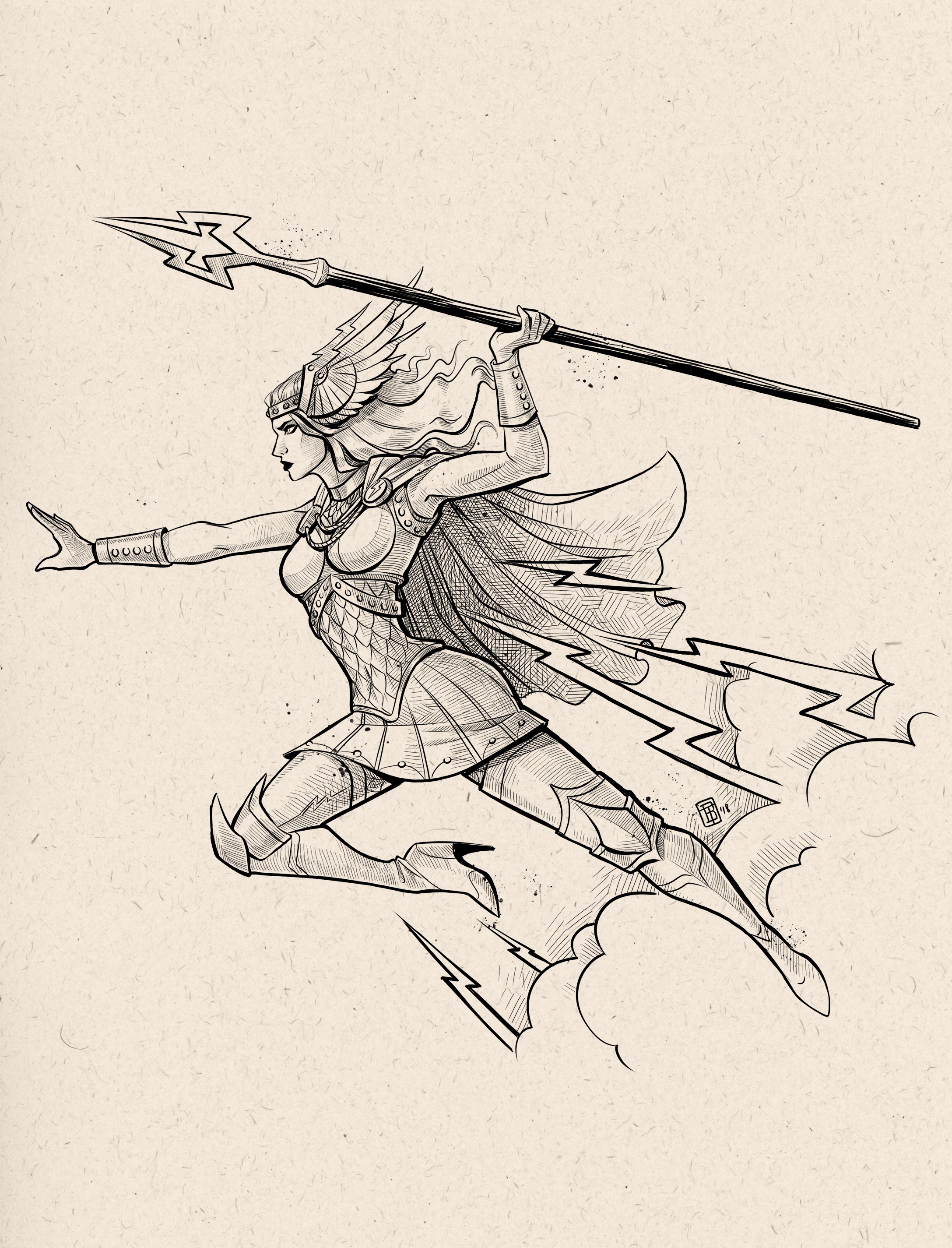 General 2175x2850 Tess Brownson drawing women monochrome pencil drawing paper illustration armor valkyries spear cape helmet boots figure-hugging armor