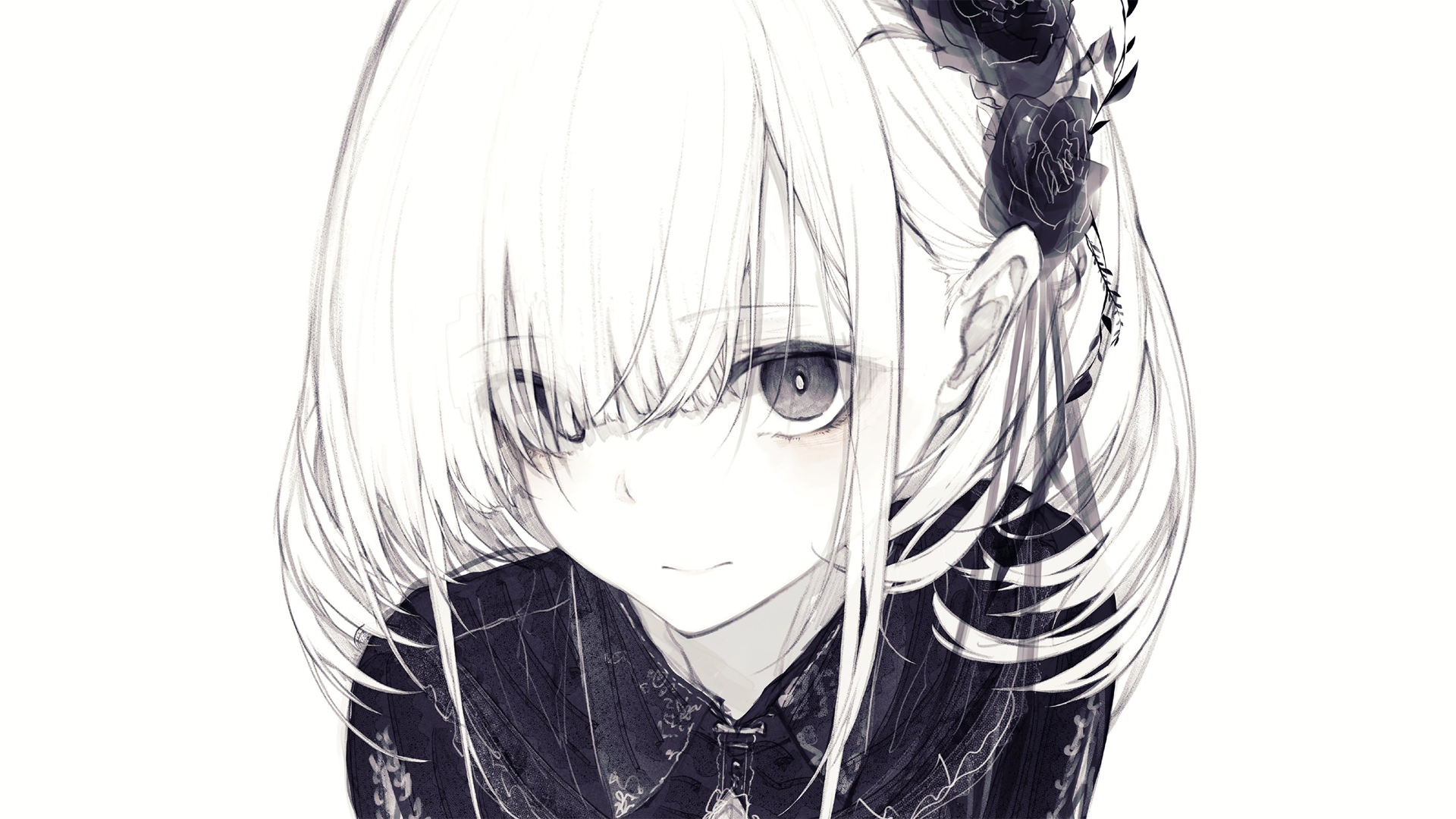 Anime 1920x1080 anime anime girls simple background looking at viewer monochrome white hair lace