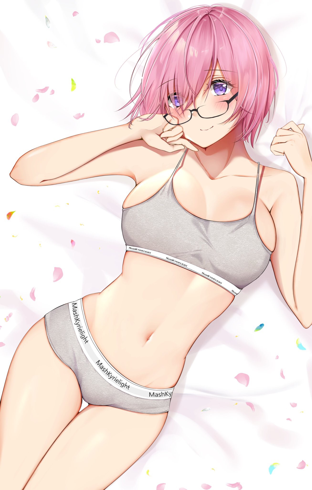 Anime 1307x2048 pink hair anime glasses blushing smiling looking at viewer purple eyes Fate series Fate/Grand Order Mash Kyrielight Uiri-na anime girls artwork short hair underwear in bed lying on back