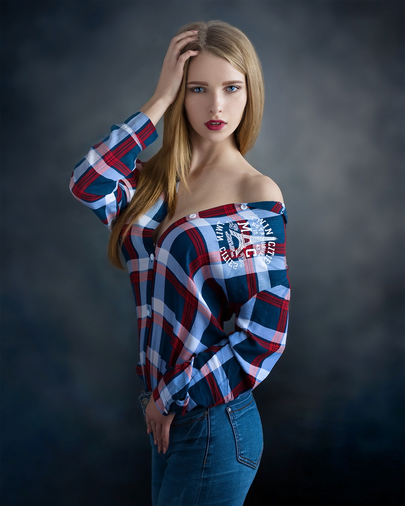 People 1350x1688 Evgeny Sibiraev women blonde long hair straight hair hands on head blue eyes looking at viewer makeup lipstick bare shoulders pattern shirt open clothes jeans denim