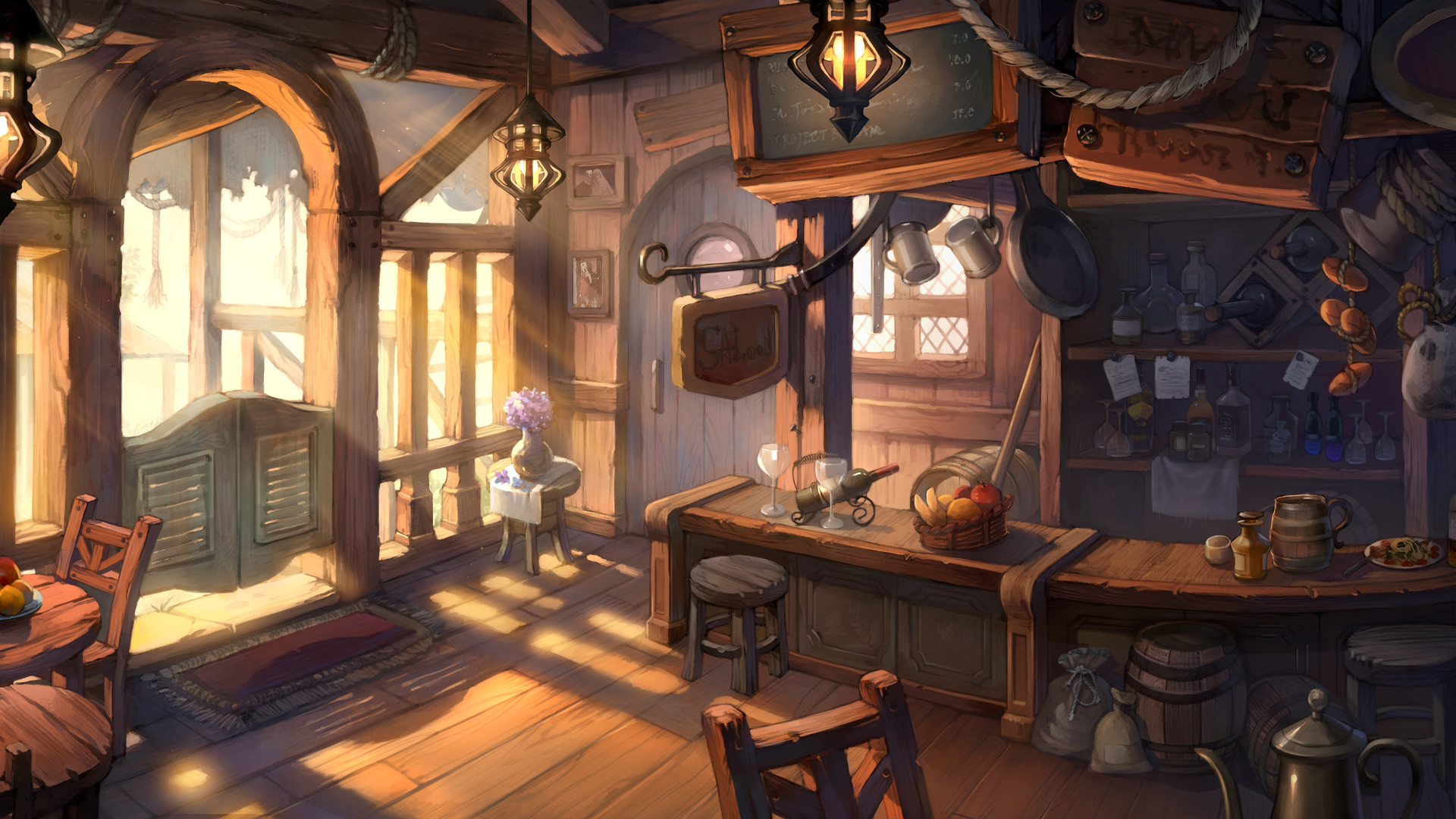 General 1920x1080 tavern wood sunlight drawing chair wooden surface baskets glass bar sun rays fruit food vases flowers cutlery