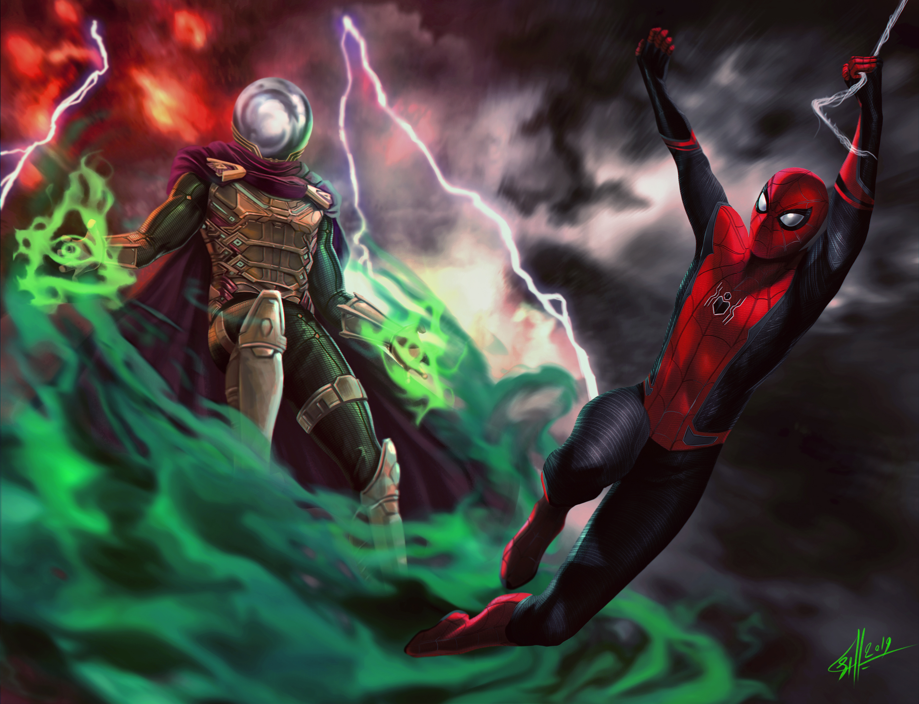 General 2926x2240 Spider-Man superhero 2019 (year) digital art watermarked storm lightning