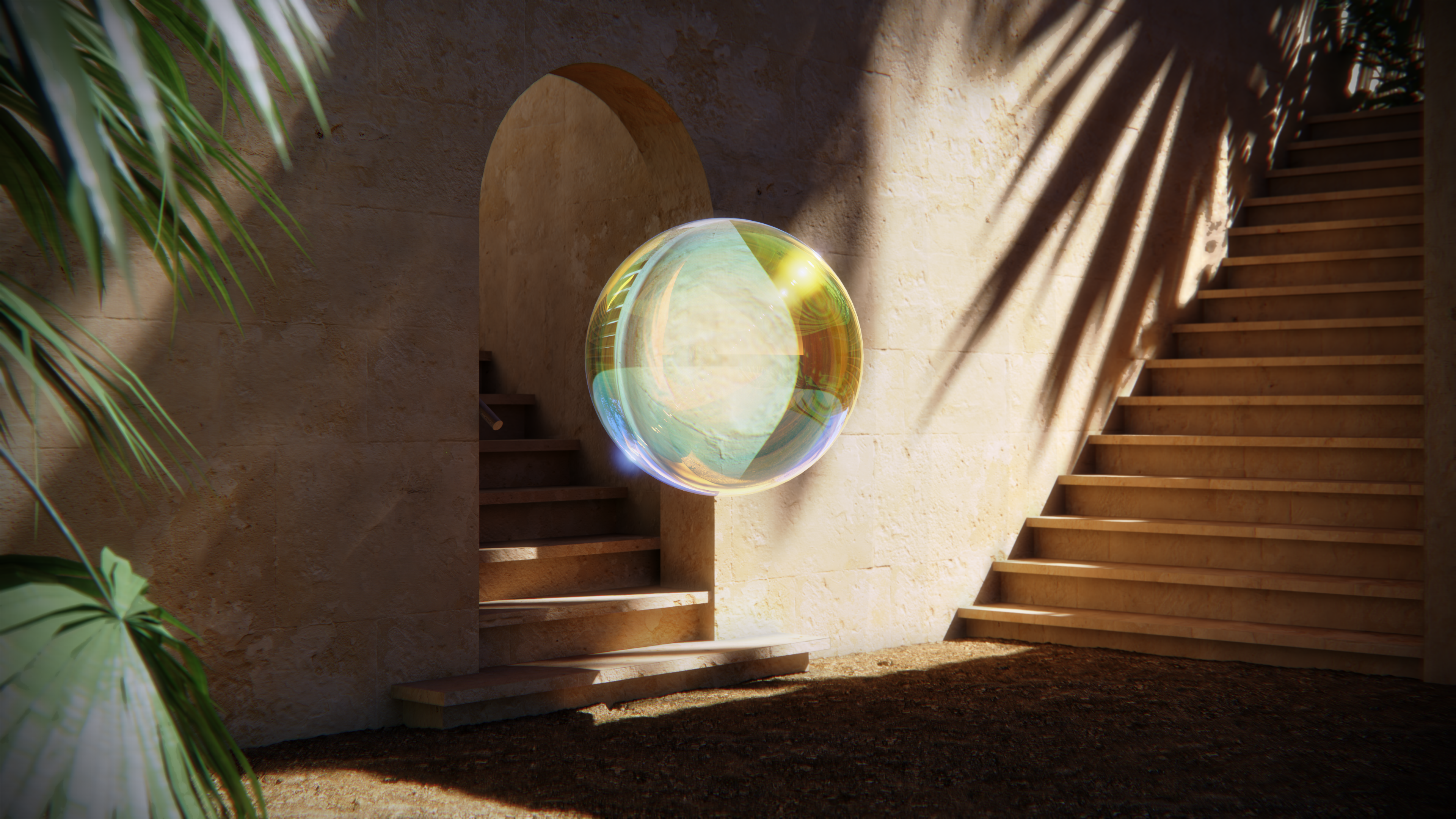 General 3840x2160 CGI digital art artwork daylight stairs palm trees sandstone dirt crystal  ball shadow