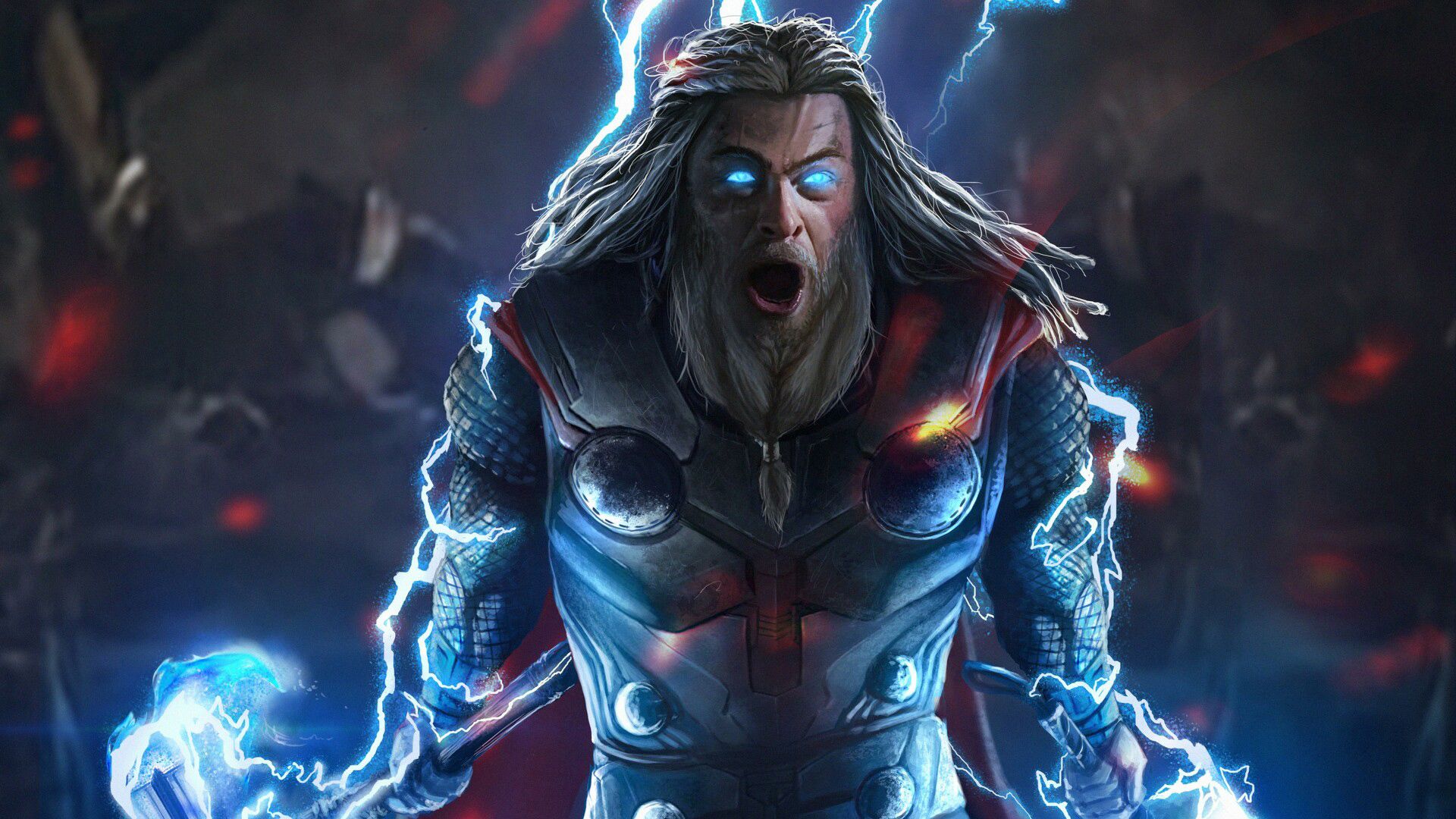 General 1920x1080 Thor Marvel Cinematic Universe fantasy men digital art open mouth blue eyes glowing eyes beard armor hammer blonde cape