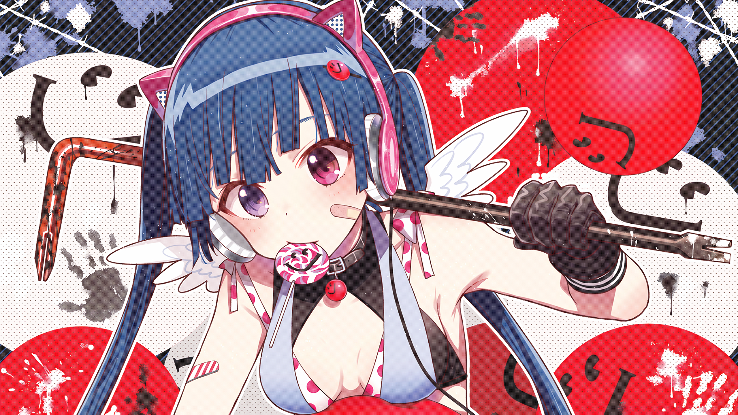 Anime 2560x1440 Chiba Sadoru red eyes blue hair perky breasts candy cat girl choker Gakkou Gurashi! 