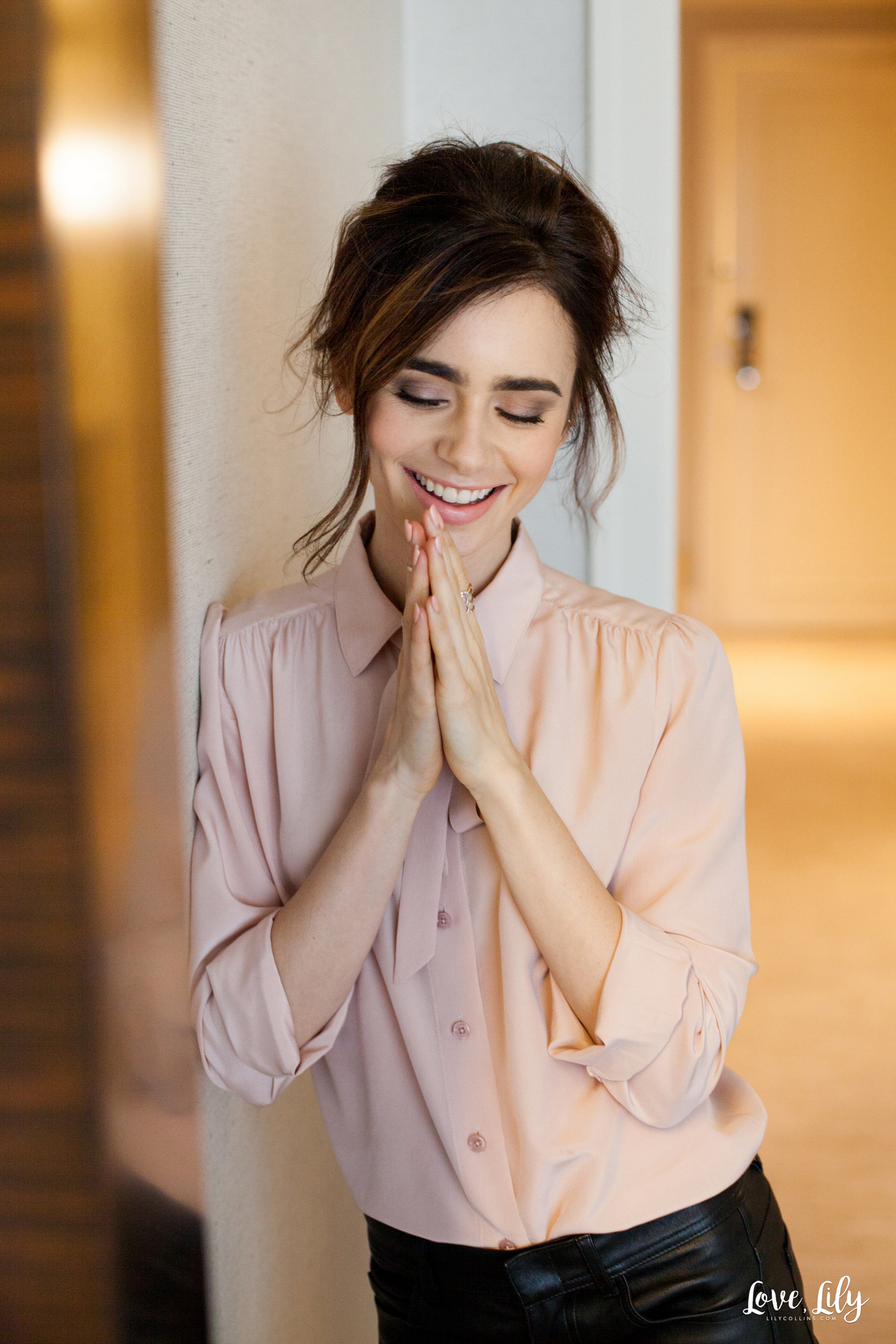 People 1500x2250 Lily Collins women actress model brunette short hair women indoors smiling pink shirt portrait display simple background watermarked