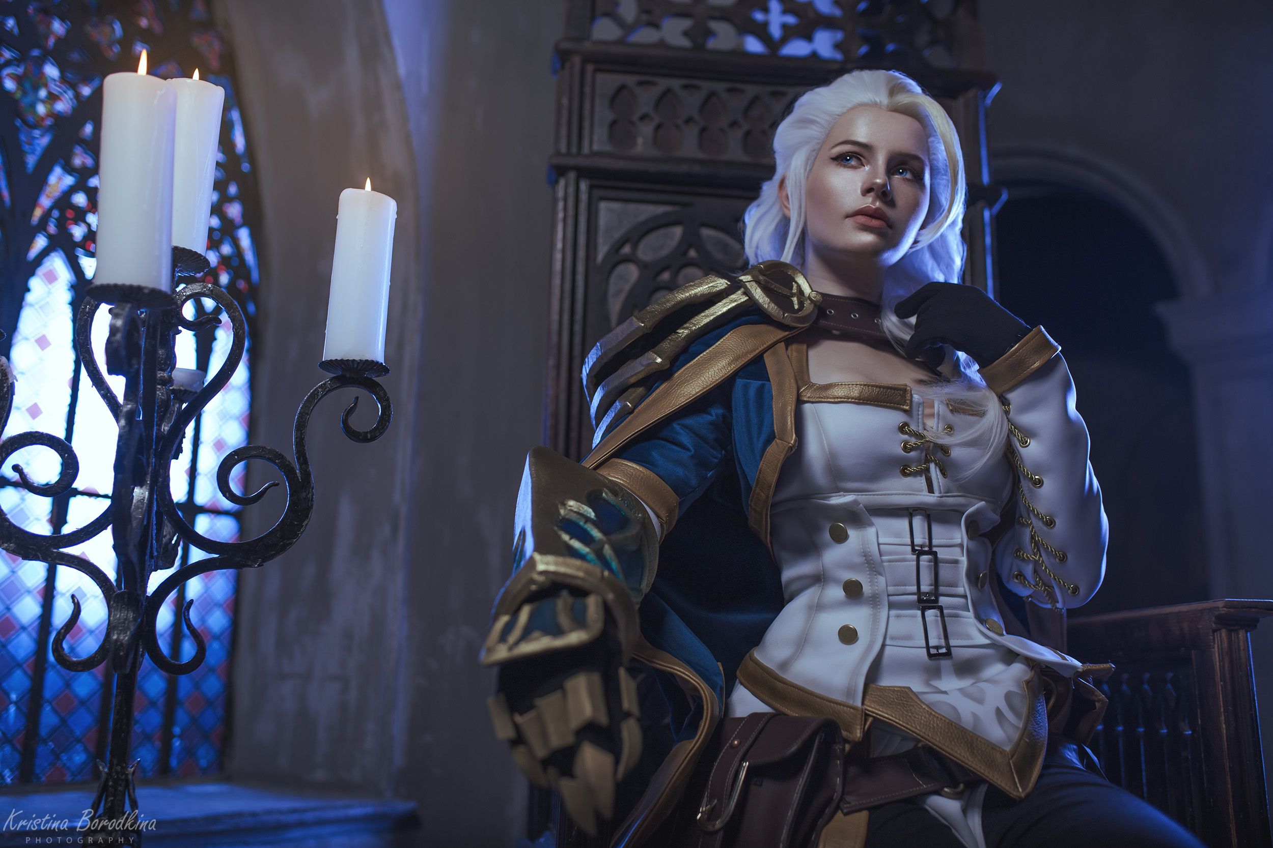 People 2500x1667 Jaina Proudmoore Warcraft Warcraft III World of Warcraft video games video game characters women white hair portrait armor sorceress candles church blue eyes looking away indoors fantasy girl women indoors Kristina Borodkina Blizzard Entertainment model Russian women Russian