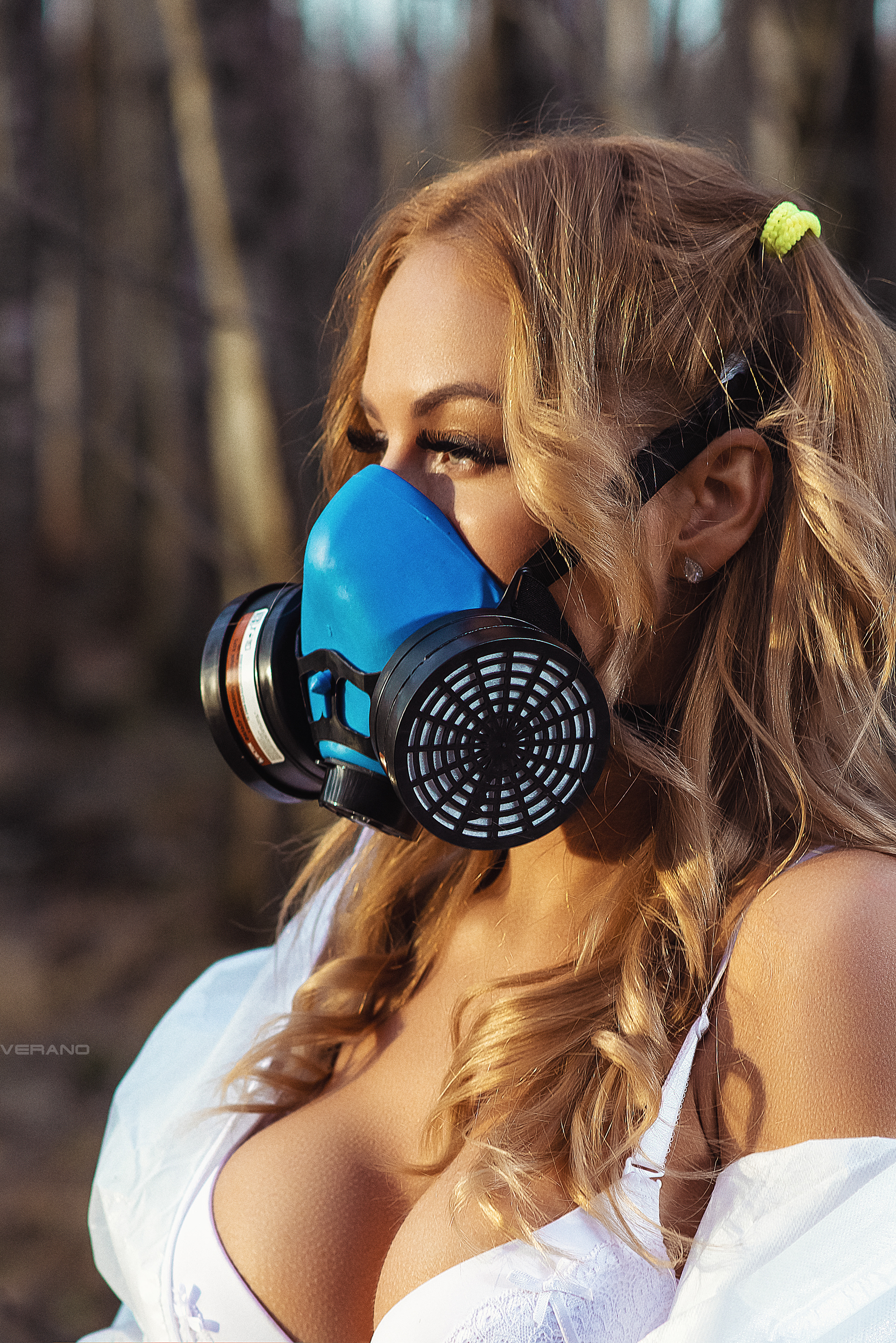 People 1920x2877 Nikolas Verano women blonde long hair wavy hair twintails makeup looking away mask gas masks lingerie bra open clothes forest goosebumps women outdoors cleavage