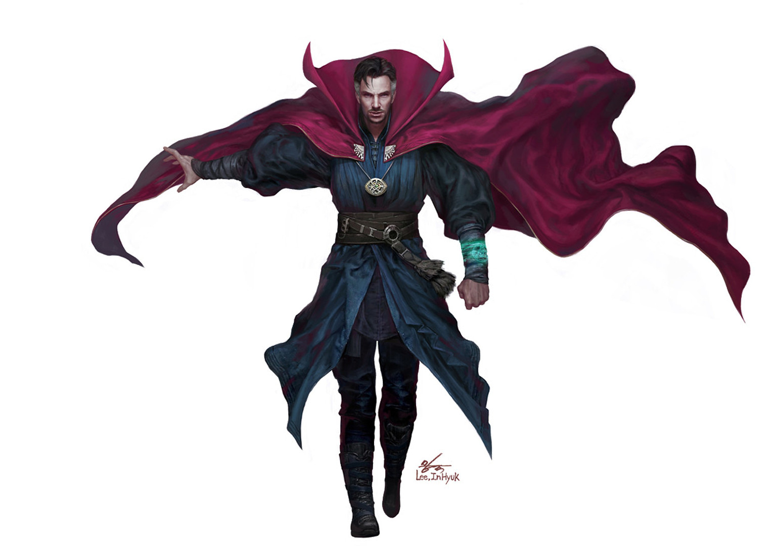 General 1525x1080 InHyuk Lee drawing Marvel Cinematic Universe Doctor Strange men wizard cape robes jewelry necklace walking simple background white background frontal view movies