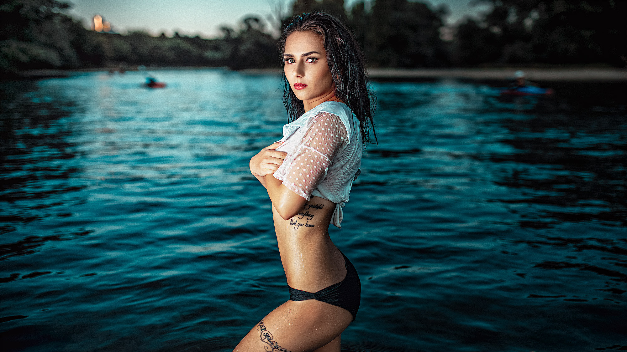 People 2000x1125 women thong tattoo belly red lipstick arms crossed wet hair wet body water drops river