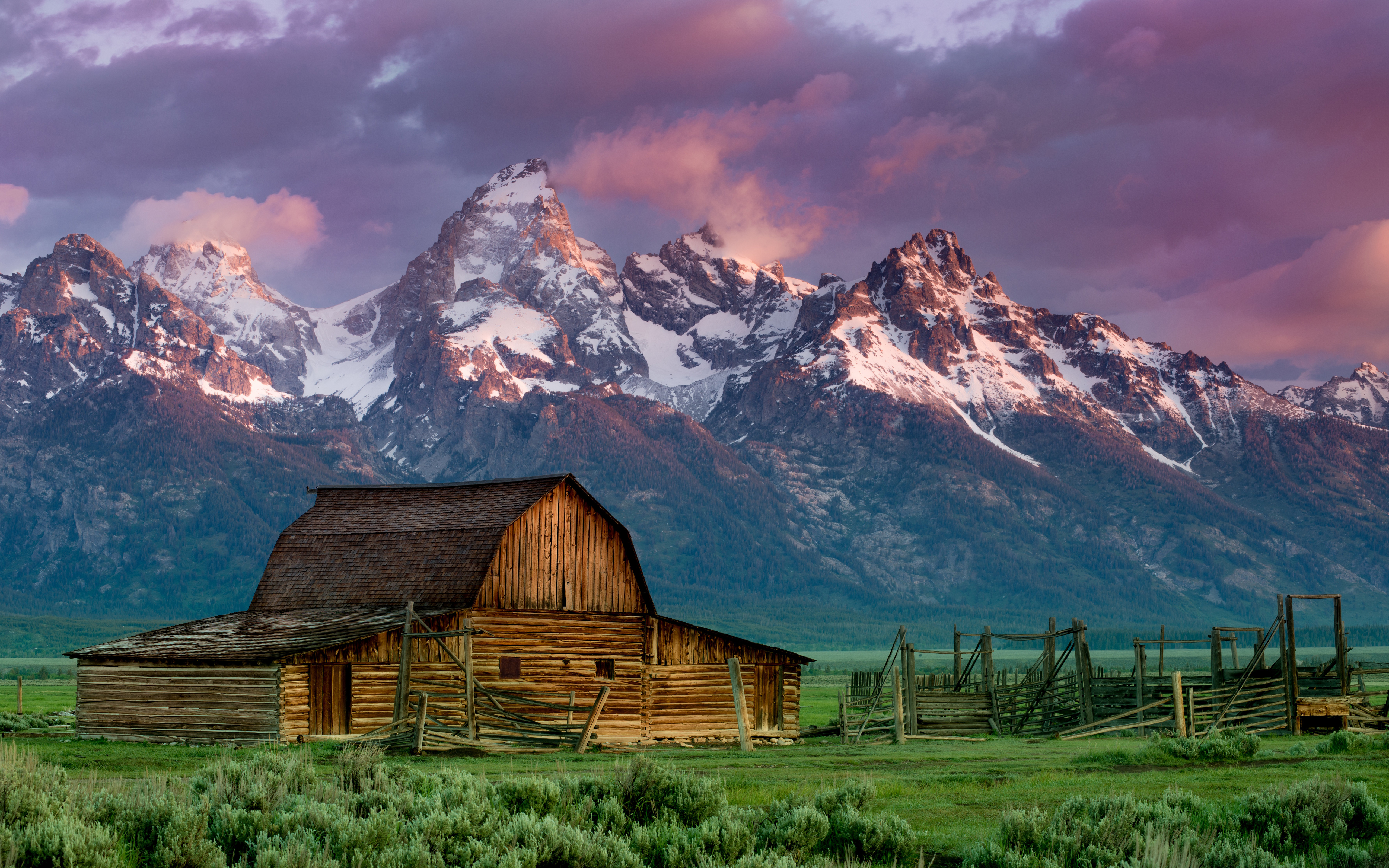 General 5120x3200 landscape mountains snowy peak barns clouds Rocky Mountains Grand Teton National Park Wyoming USA