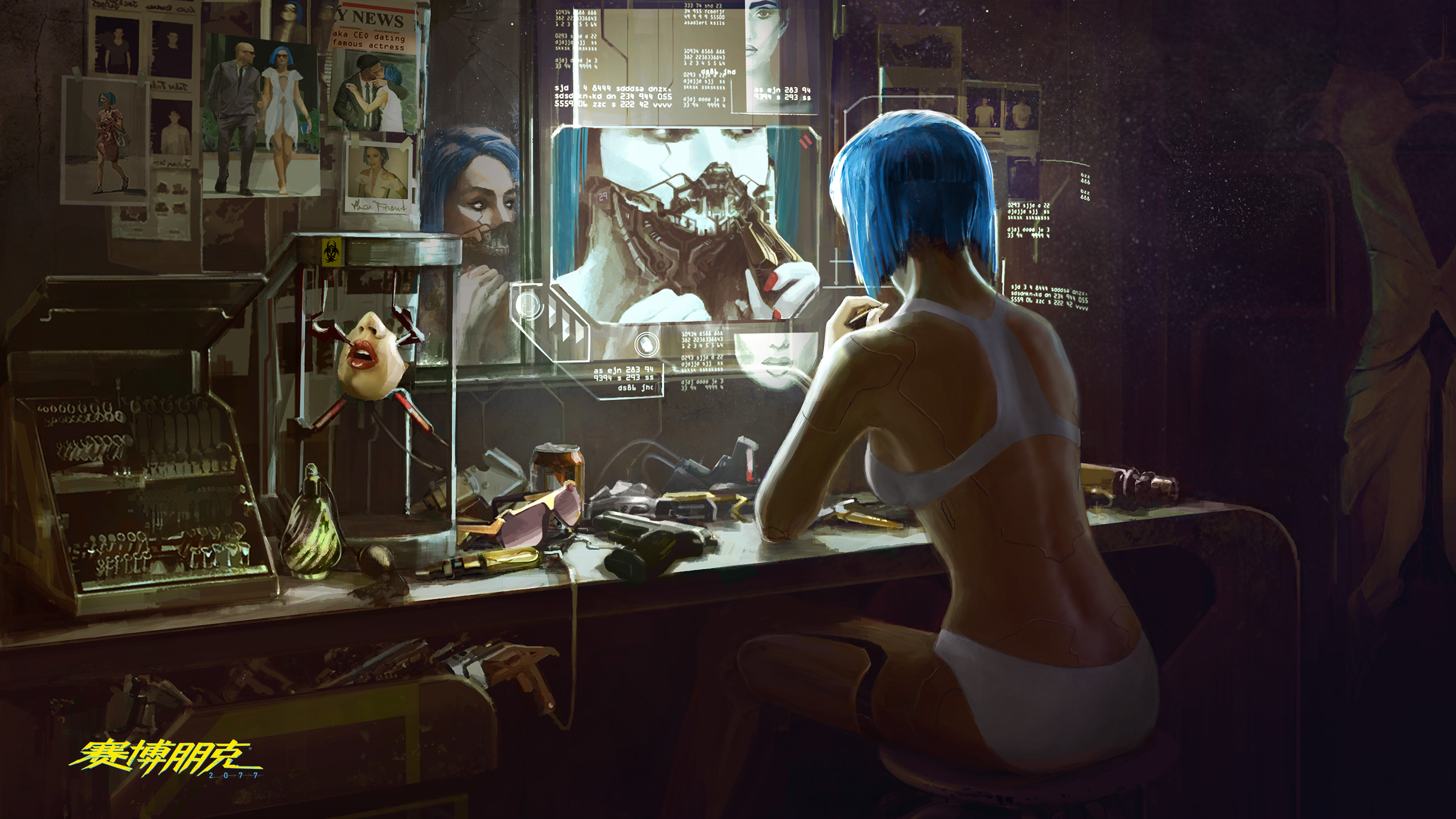 General 3840x2160 cyberpunk Cyberpunk 2077 cyborg video games science fiction women women science fiction video game art PC gaming bra panties sitting mirror monitor blue hair