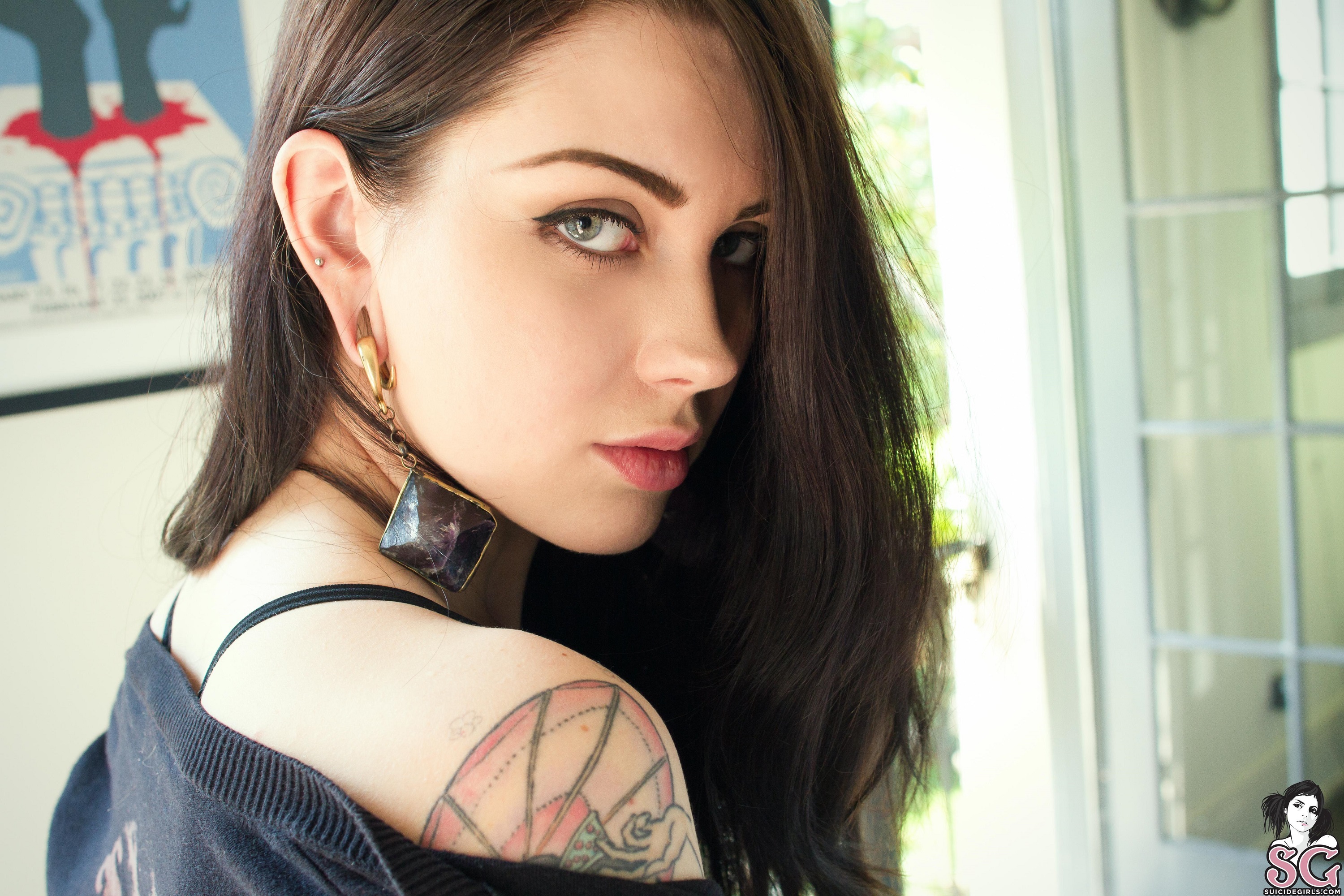 People 3000x2000 Ashley Holat Suicide Girls women model brunette looking at viewer tattoo women indoors stretched ears pierced ear ear weights closeup