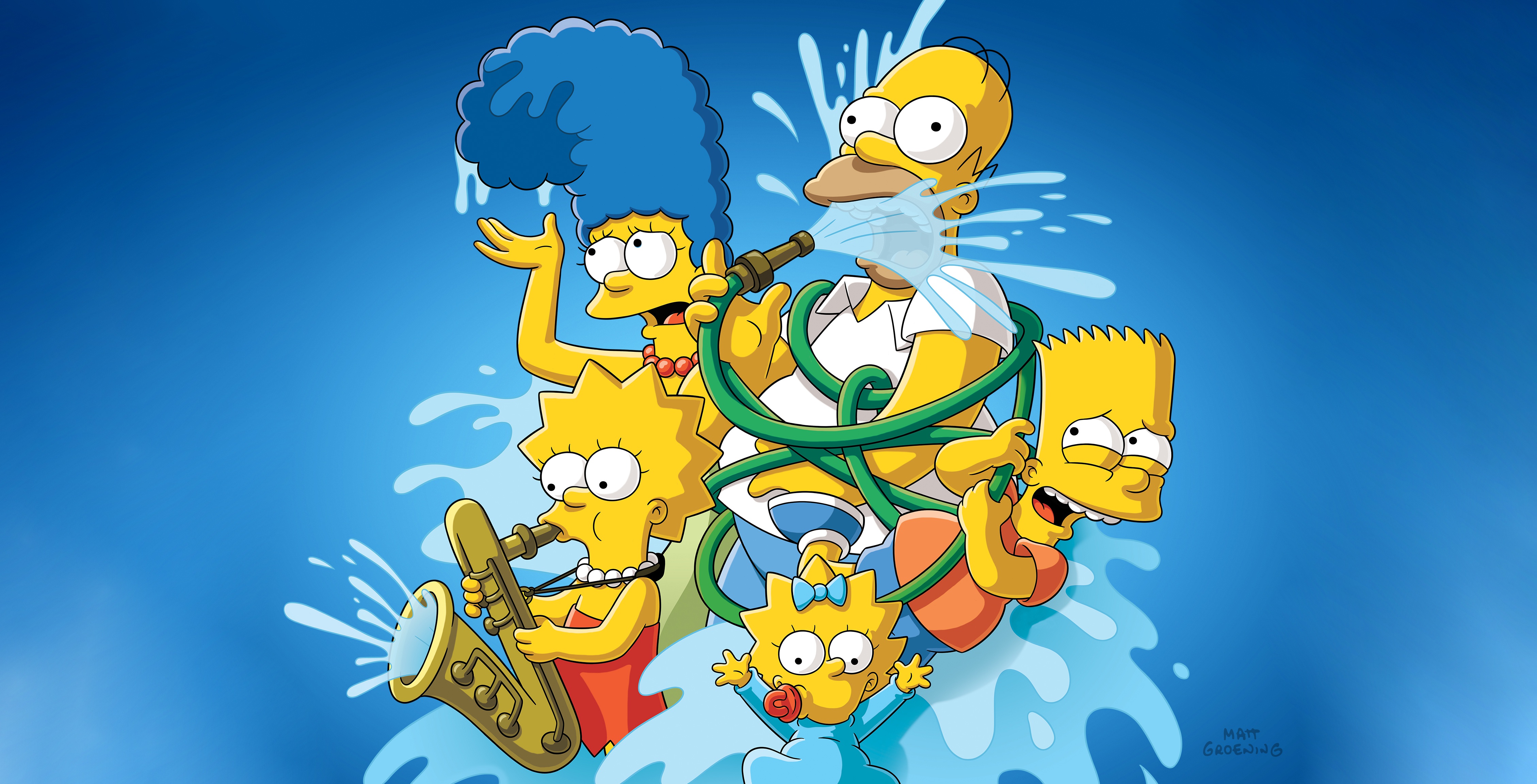 General 4516x2304 The Simpsons cartoon TV series humor Marge Simpson Homer Simpson Lisa Simpson Maggie Simpson Bart Simpson waterhose blue background water splashes saxophones wet hair blue colorful