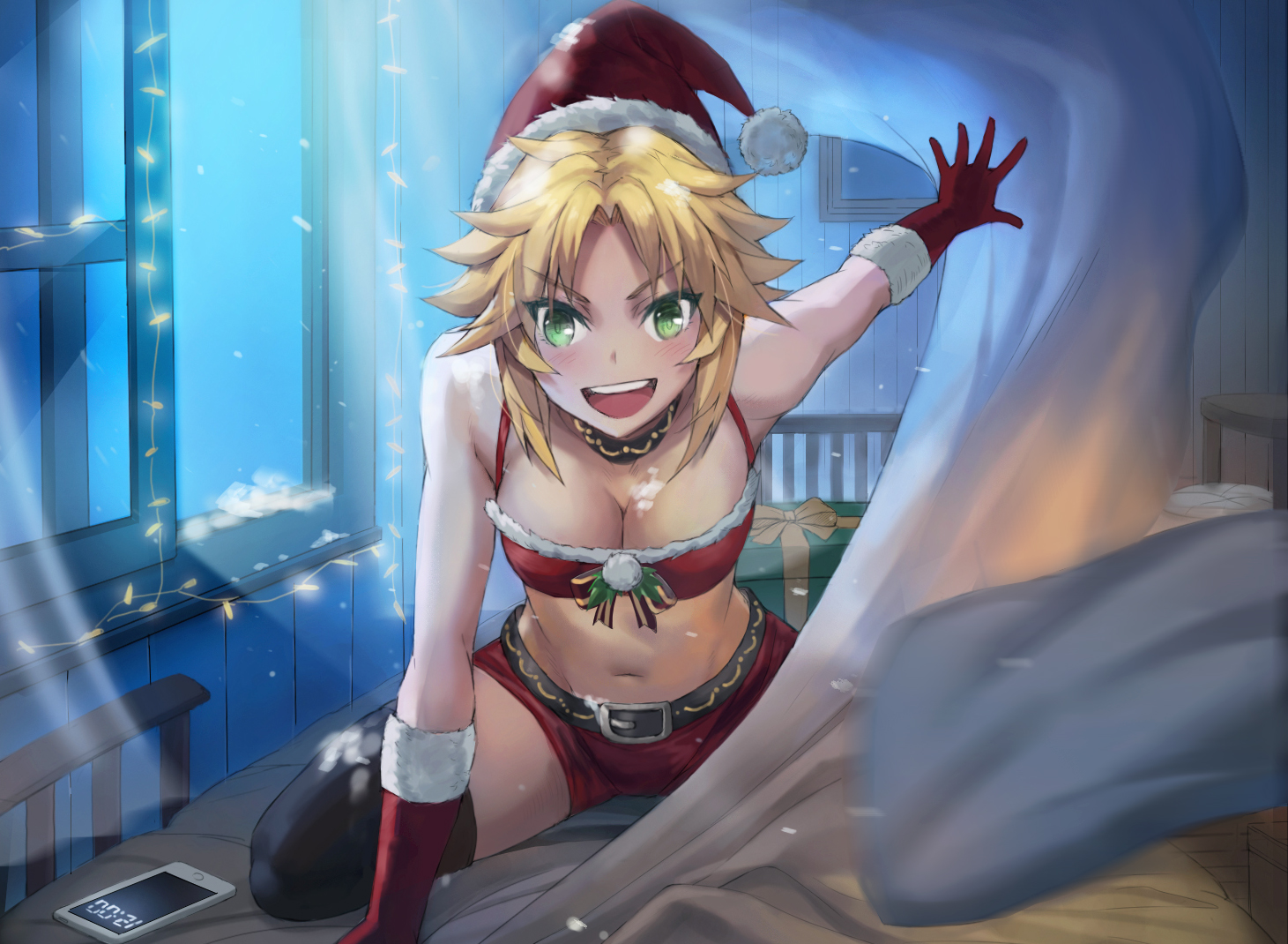 Anime 1461x1070 Fate series Fate/Apocrypha  anime girls Santa costume anime Santa hats green eyes Christmas cleavage Christmas lights belly button short shorts 2D thighs ecchi Fate/Grand Order Mordred (Fate/Apocrypha) blonde