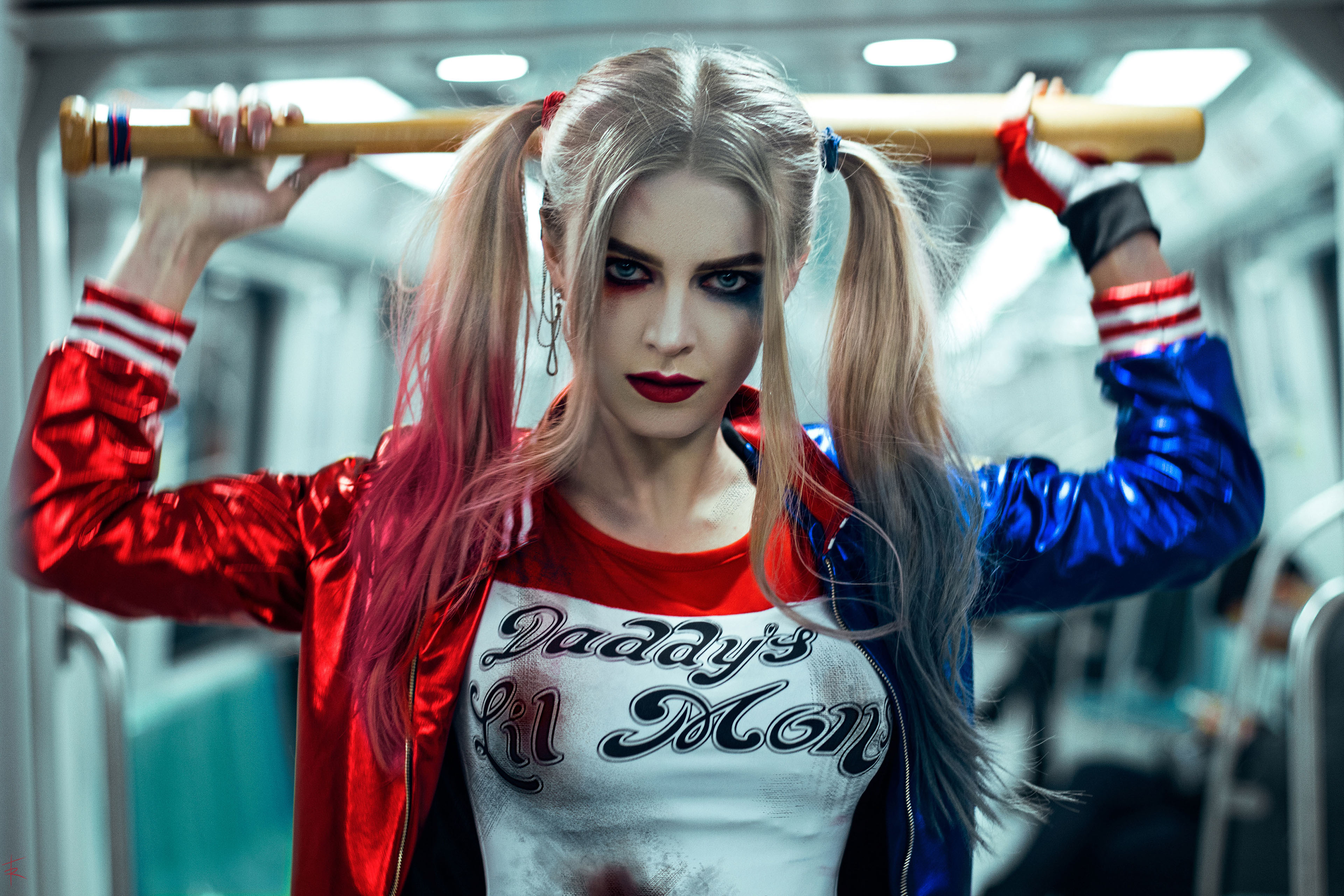 People 3840x2560 Harley Quinn Suicide Squad cosplay subway baseball bat twintails Tim Rise women Katie Kosova