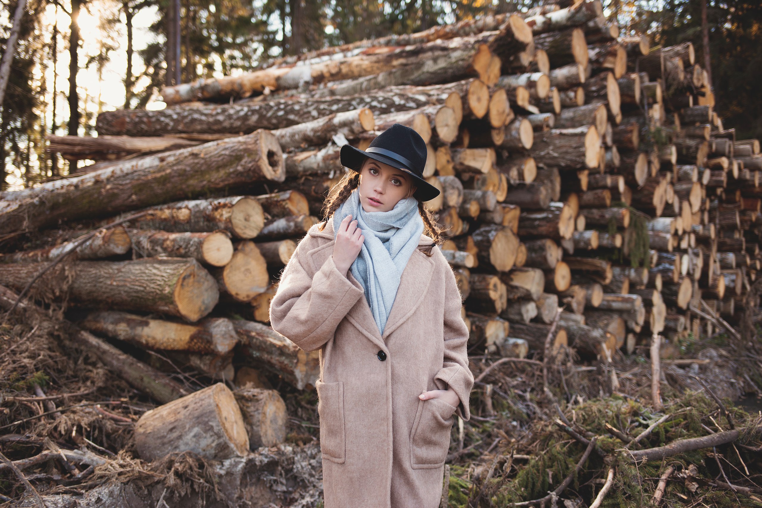 People 2560x1707 wood women hat women outdoors Ksenia Kokoreva coats black hat braids hands in pockets