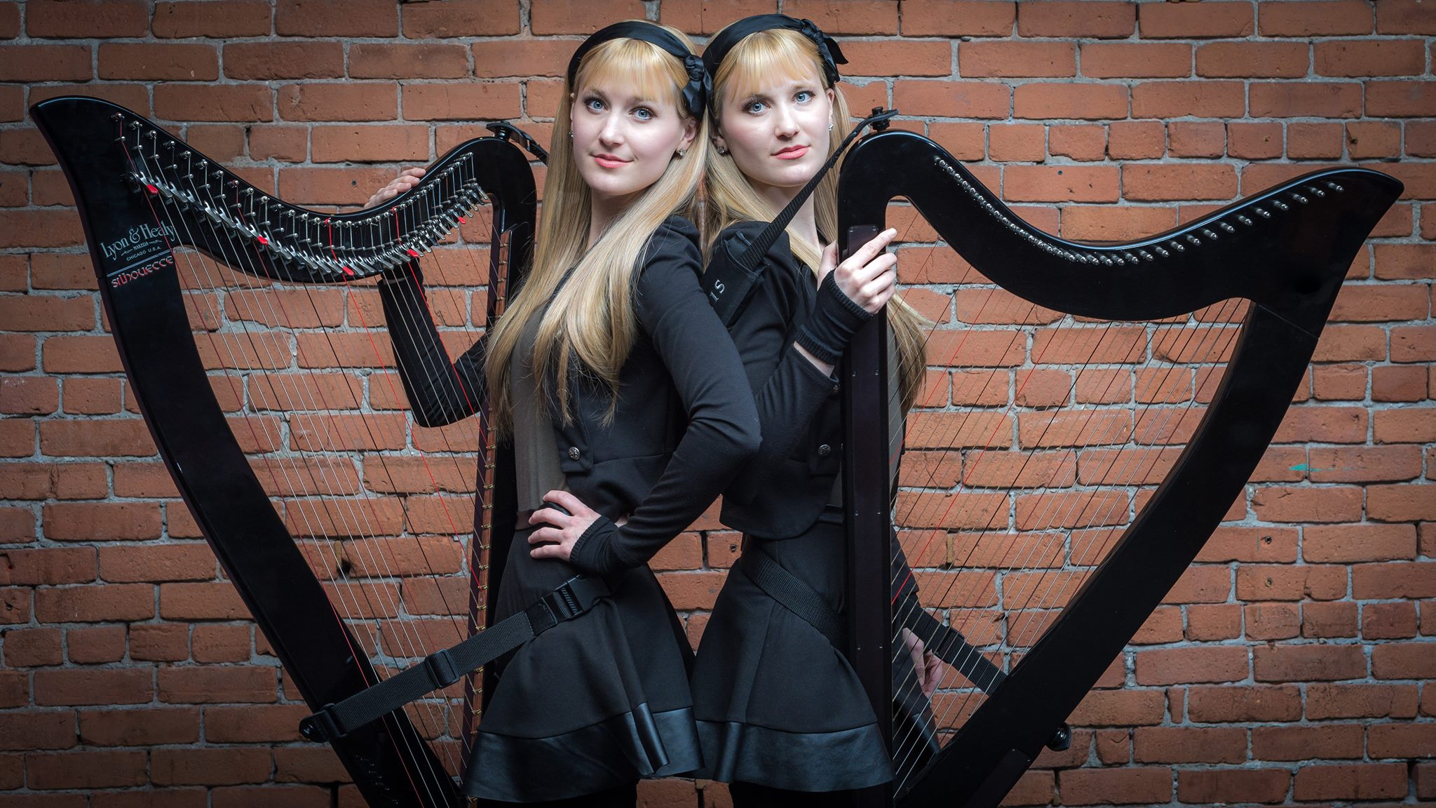 People 2048x1152 women Harp Twins harp Camille and Kennerly two women twins