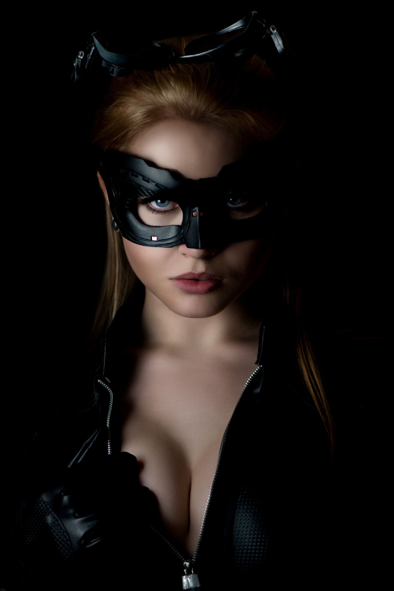 People 1365x2048 women model blonde long hair Georgia Annable face blue eyes cleavage portrait display Catwoman black background mask cosplay black clothing gloves zipper low light closeup