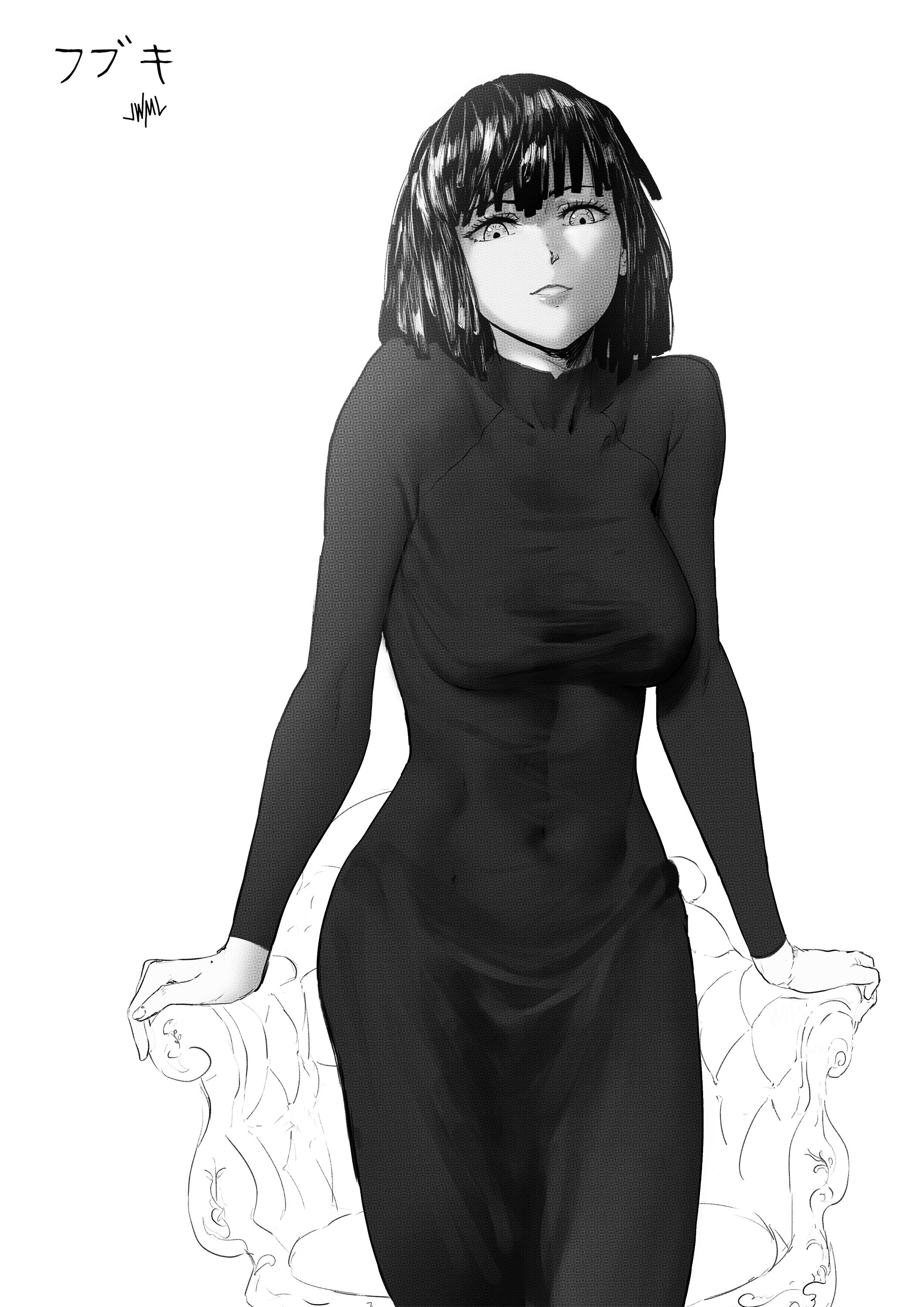 Anime 2121x3000 One-Punch Man anime girls big boobs black dress monochrome tight clothing thighs belly button short hair black hair smiling 2D portrait display Fubuki simple background no bra anime looking at viewer hair in face bodysuit fan art