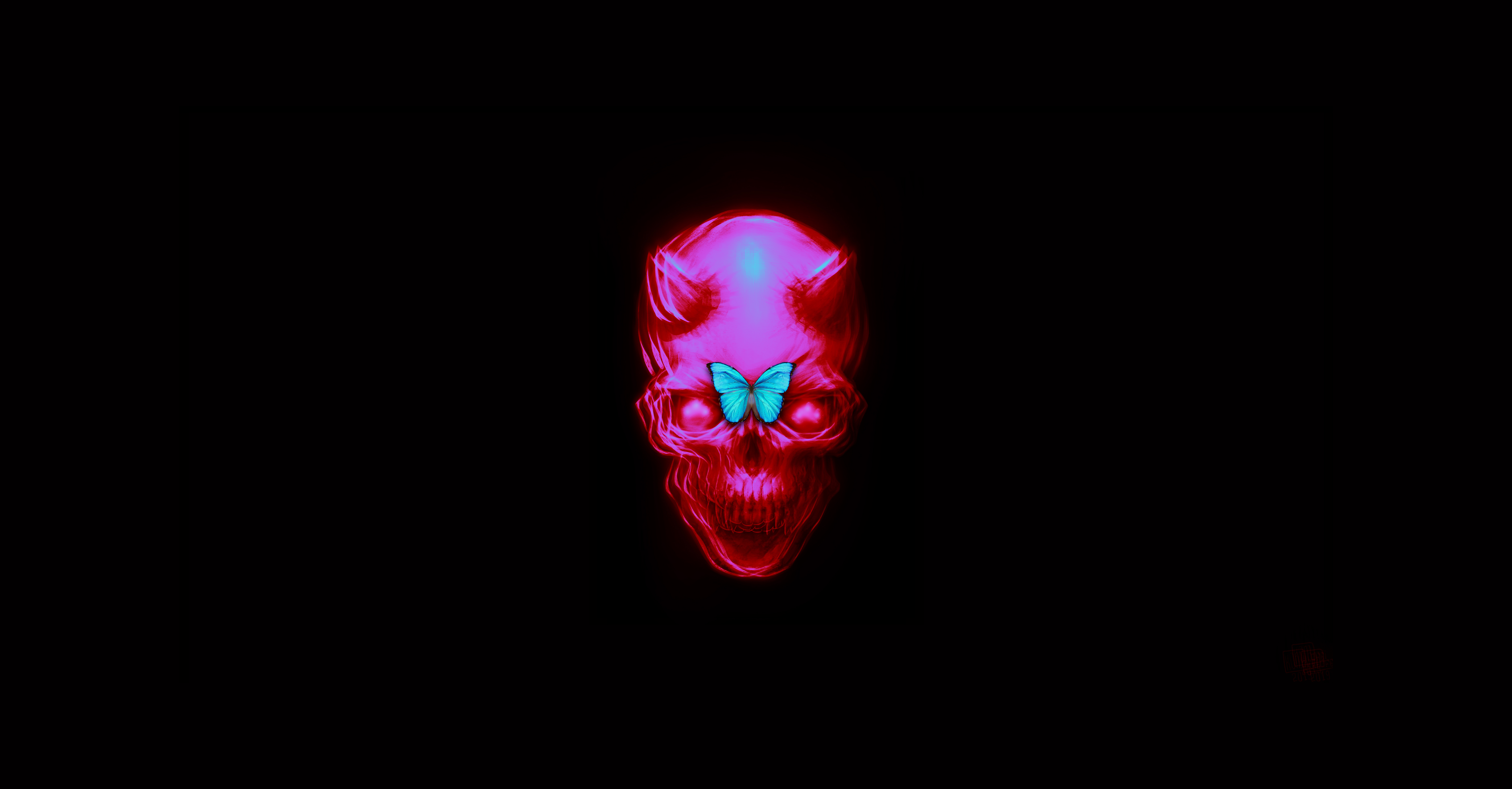 General 9174x4788 skull devil butterfly pink black background glitch art digital art simple background dark