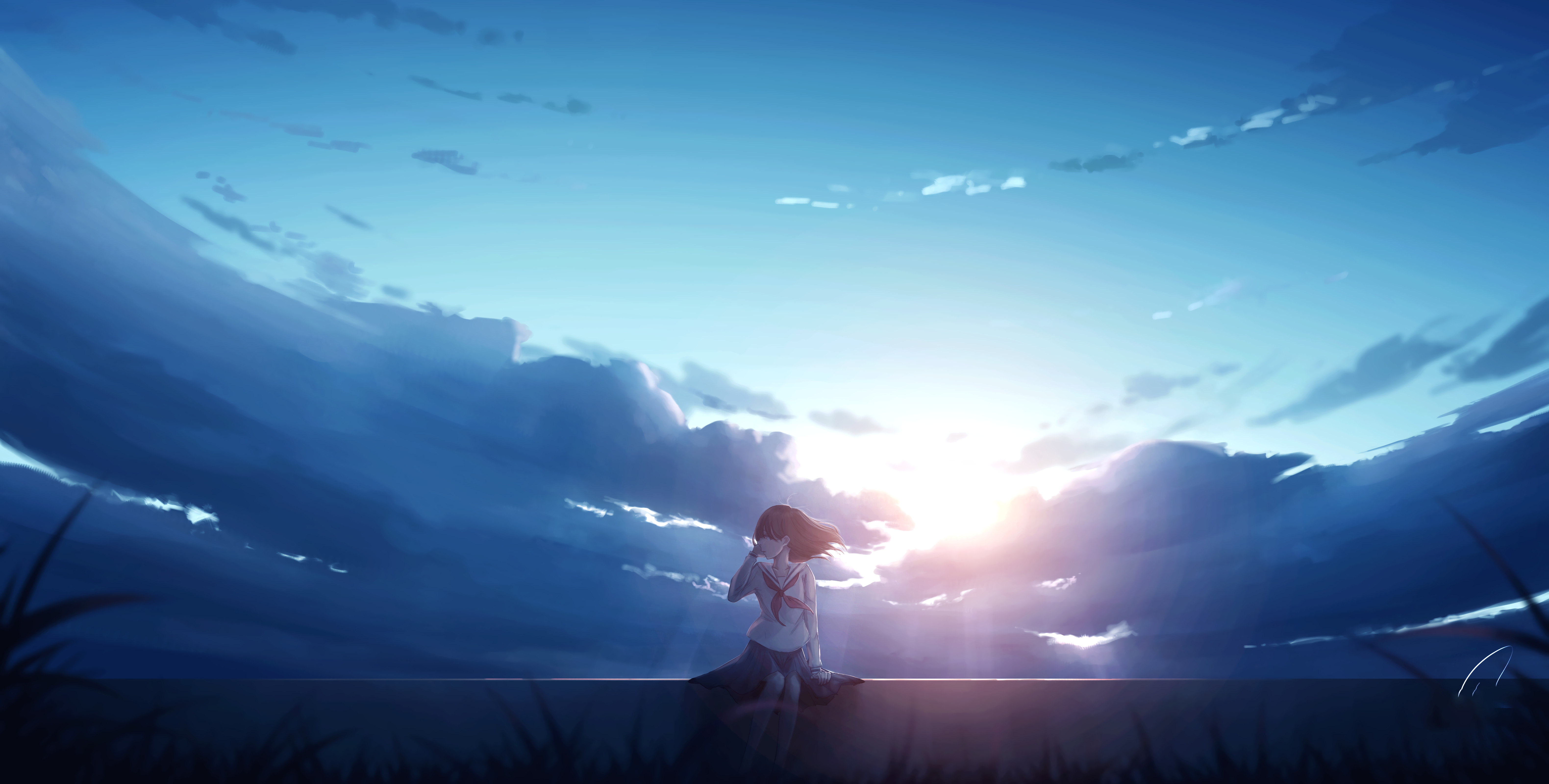Anime 6320x3200 anime anime girls landscape artwork alone sky sunset digital digital art 4K