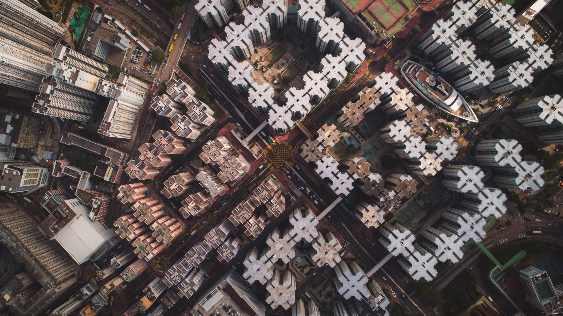 General 1920x1080 city building road traffic skyscraper aerial view drone photo Hong Kong