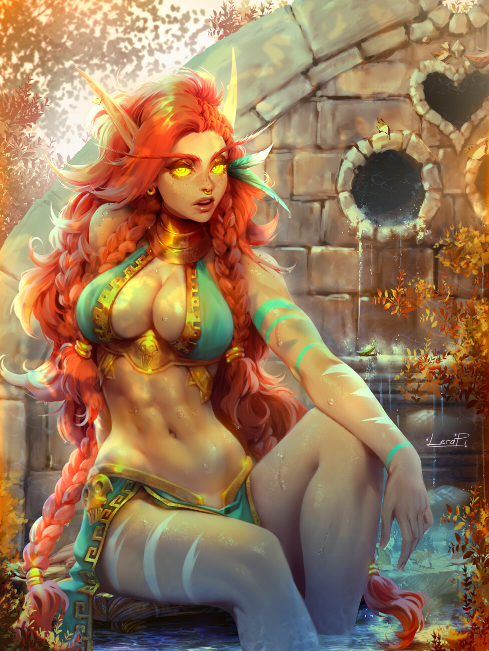 General 976x1300 artwork ArtStation fantasy art fantasy girl redhead long hair boobs big boobs pointy ears sitting yellow eyes Lera Pi braids twintails wet body water water drops belly belly button elves pierced nose earring hoop earrings parted lips thighs cleavage tight waist in water bent legs freckles long eyebrows glowing eyes