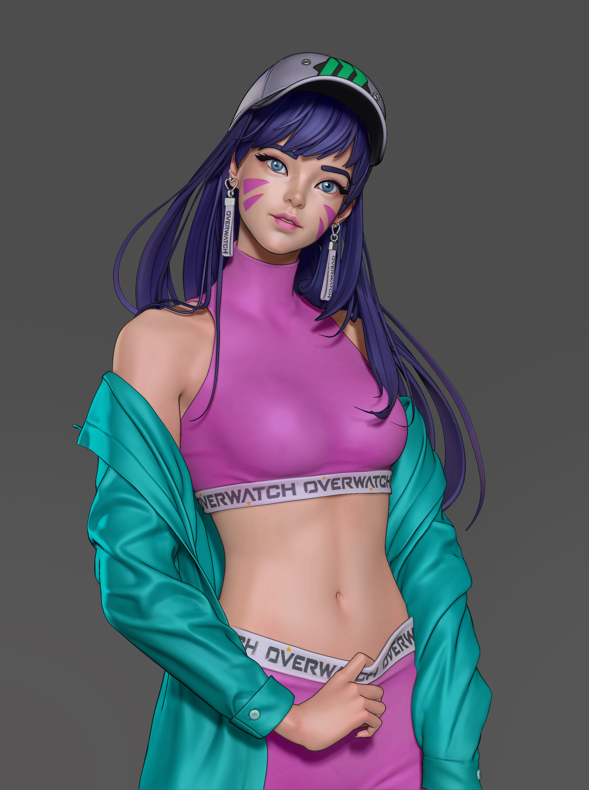 General 1920x2575 Xiao Fei CGI Overwatch women D.Va (Overwatch) face paint blue hair long hair bangs baseball cap earring belly sportswear