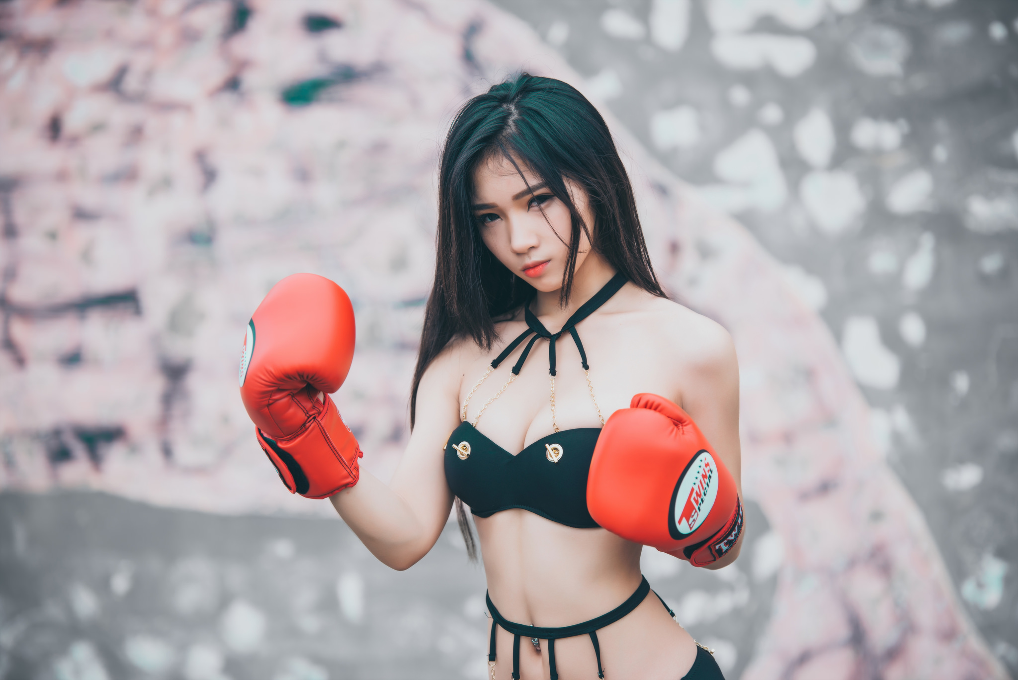 People 2048x1367 Asian brunette women model lingerie black bras belly pierced navel looking at viewer boxing gloves portrait muay thai