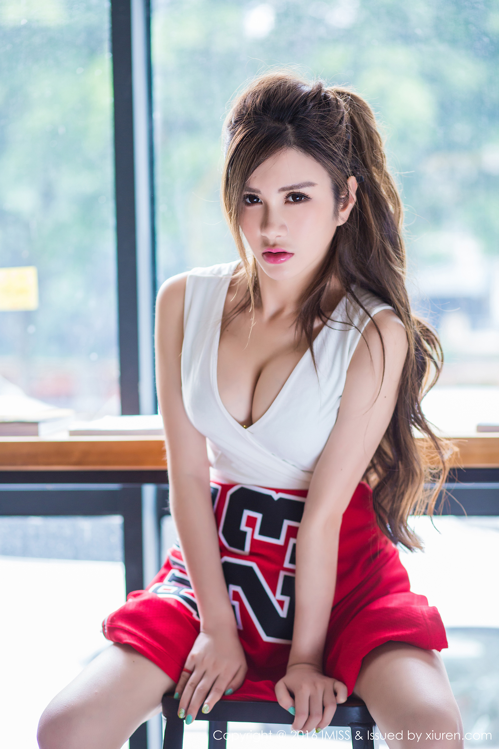 People 1600x2400 Asian brunette women cleavage portrait display sports jerseys long hair ponytail Xiuren curvy women indoors Chinese Chinese model