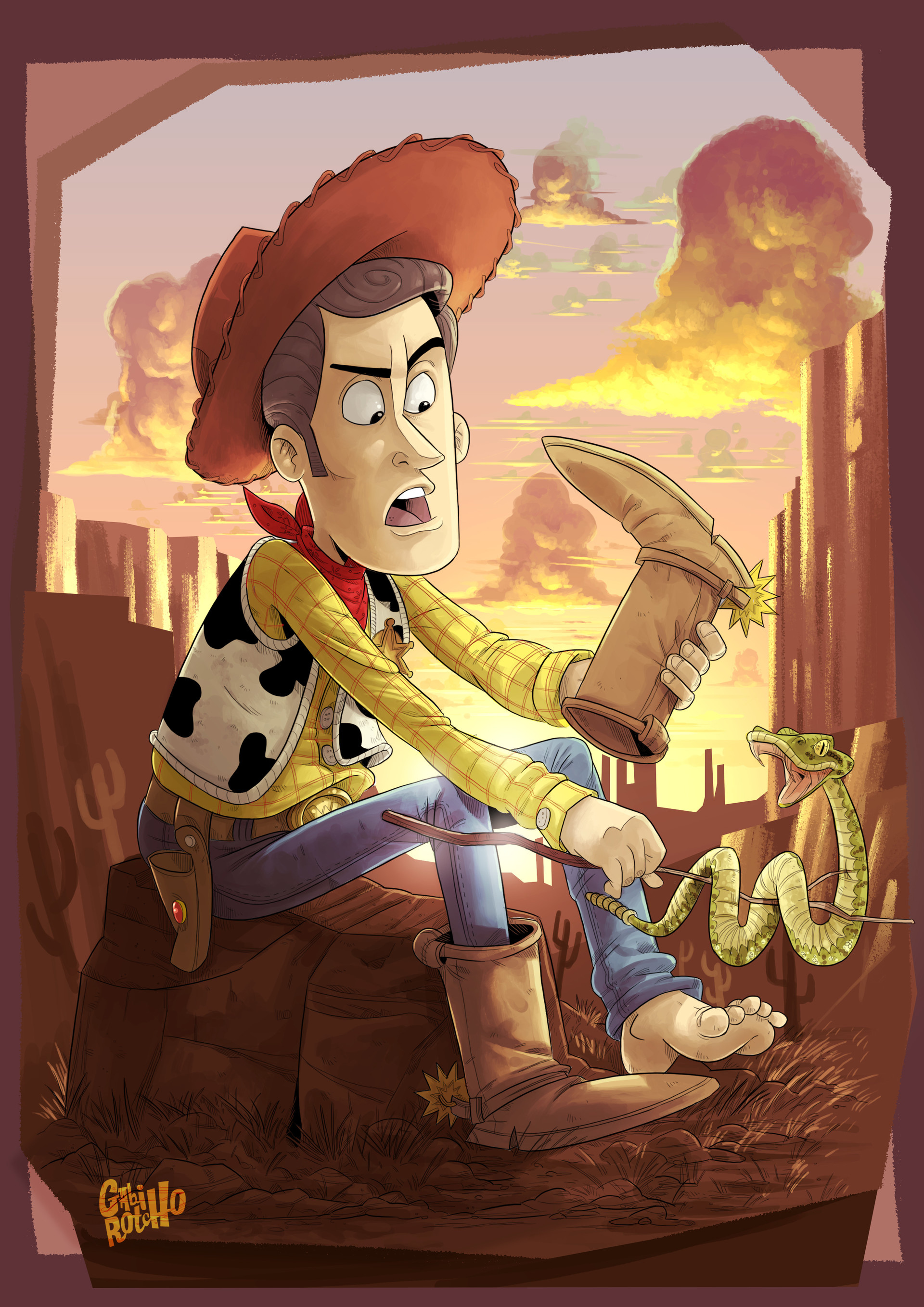 General 1920x2716 Gabirotcho  digital art fan art Toy Story cowboys desert boots snake men sheriff Sheriff Woody
