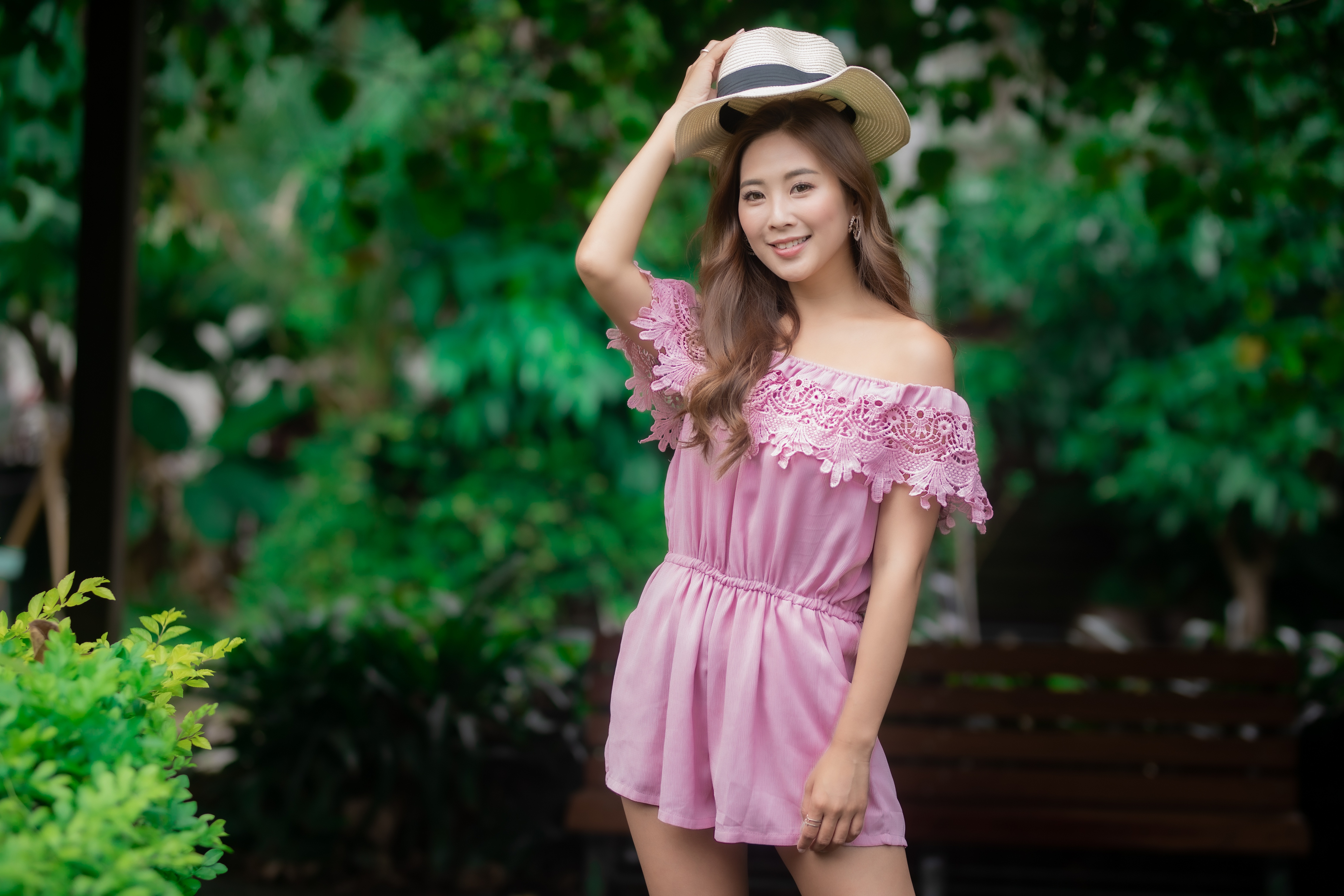 People 4562x3041 Asian women modding long hair Colette Brunel minidress straw hat bushes trees depth of field Chinese