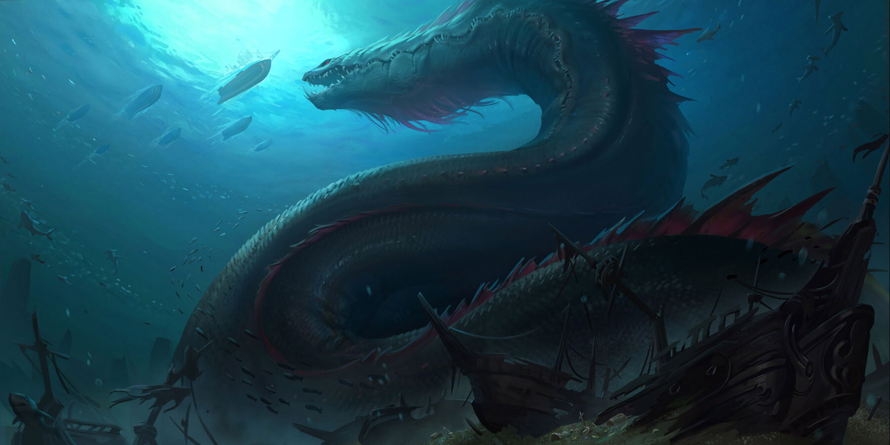 General 1800x900 Kan Liu fantasy art dark sea underwater creature serpent