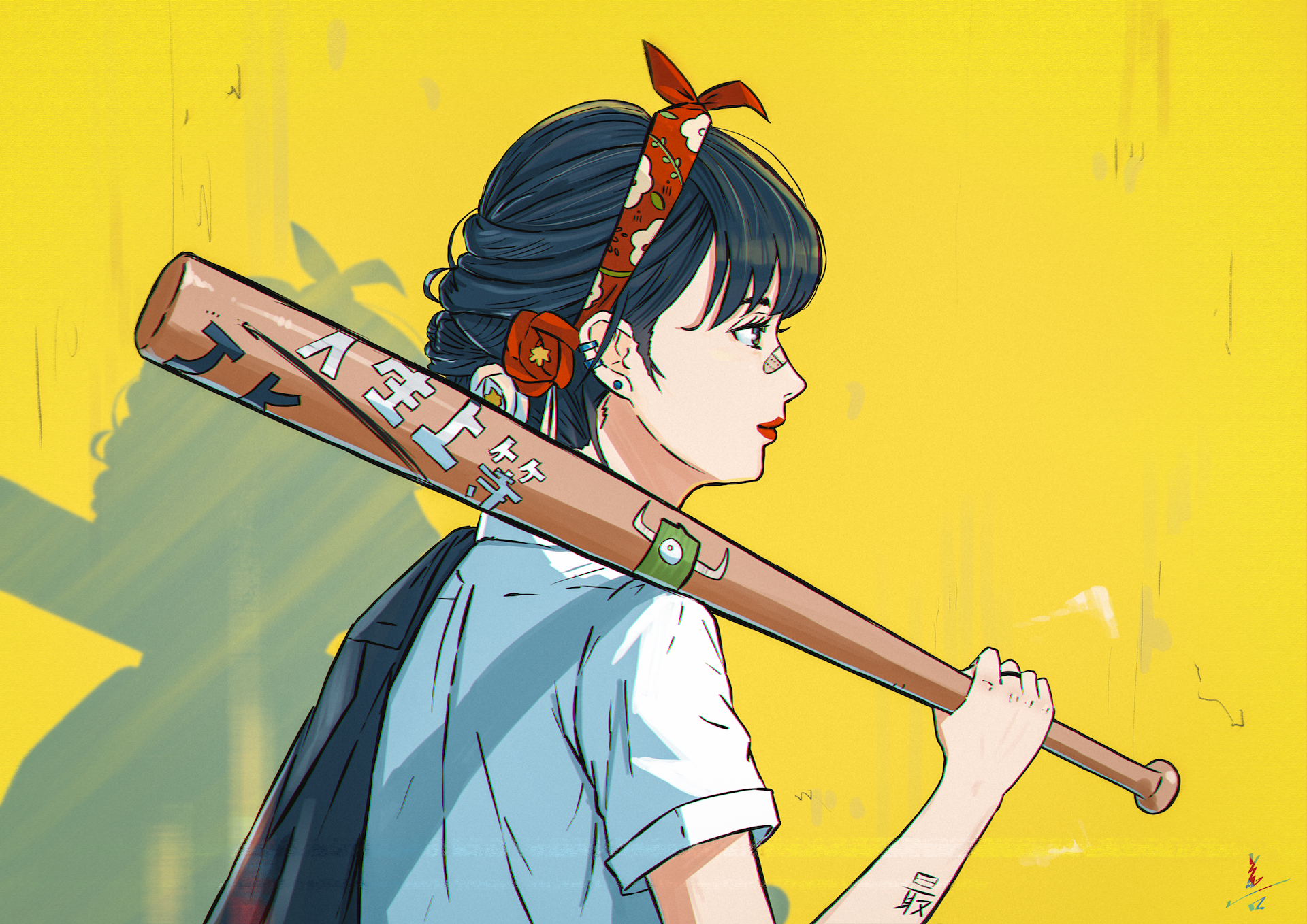 Anime 1920x1358 anime baseball bat yellow background anime girls bandages red lipstick