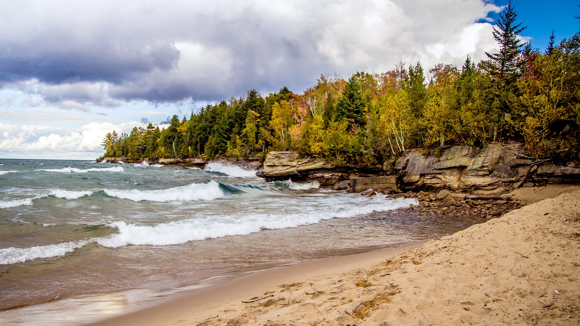 General 1920x1080 nature landscape trees rocks sand water waves clouds sky forest Lake Superior Michigan USA