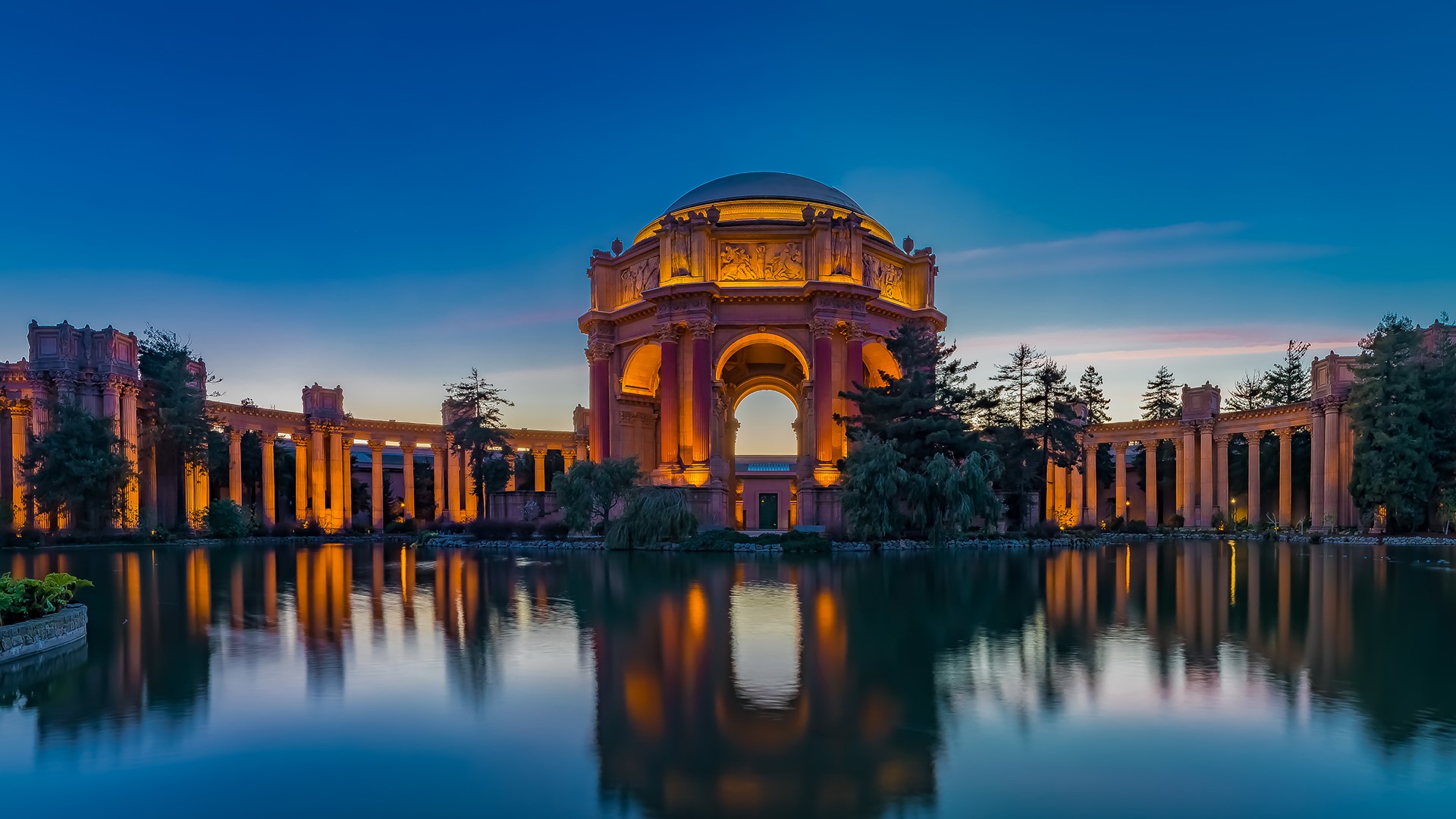 General 1920x1080 nature landscape lights water architecture clear sky sunset trees palace San Francisco California USA Palace of Fine Arts