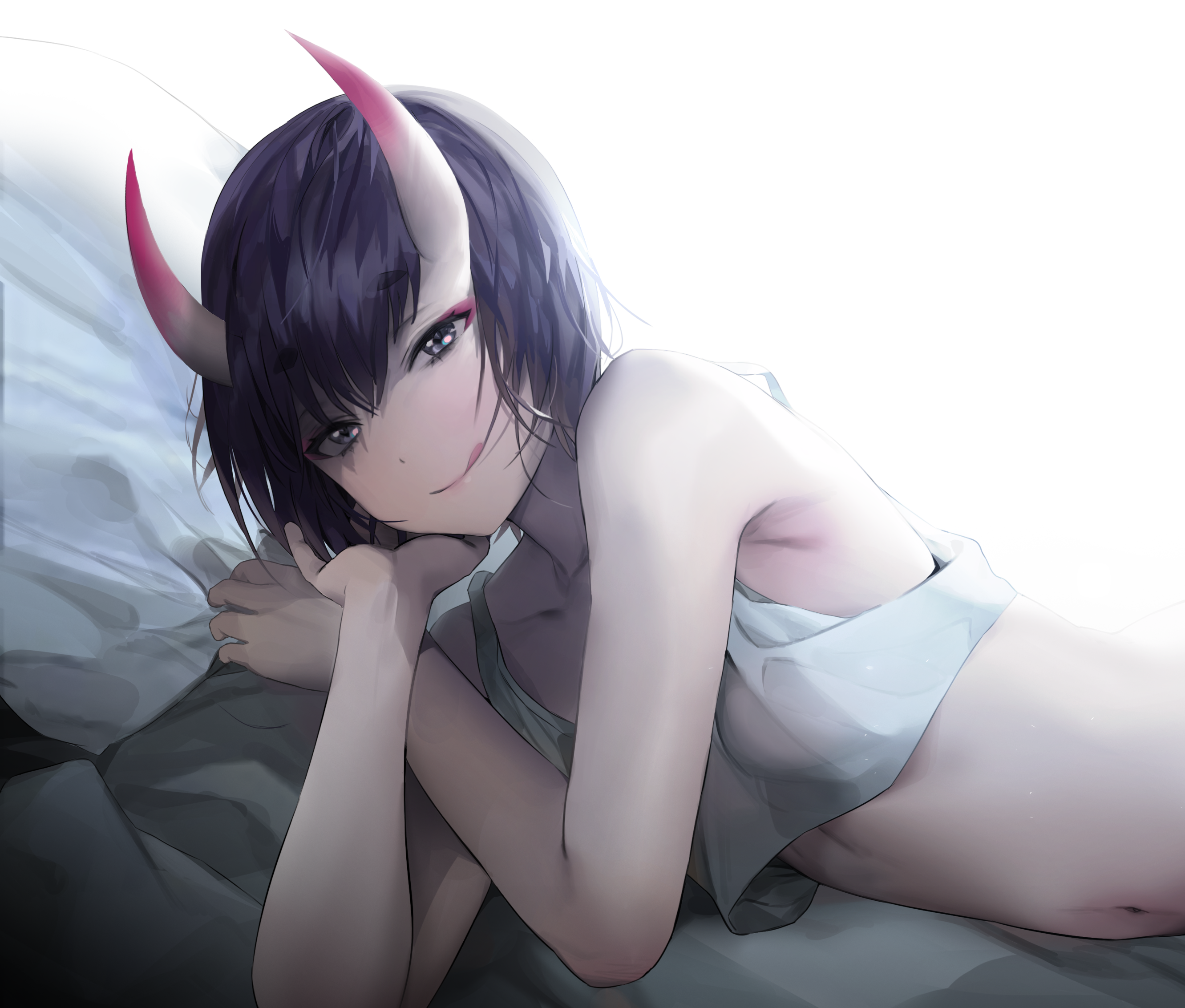 Anime 2663x2265 anime anime girls Fate series Fate/Grand Order horns Shuten Douji (Fate/Grand Order) UTHY in bed oni girl short hair dark hair dark eyes tongue out lying on side crop top