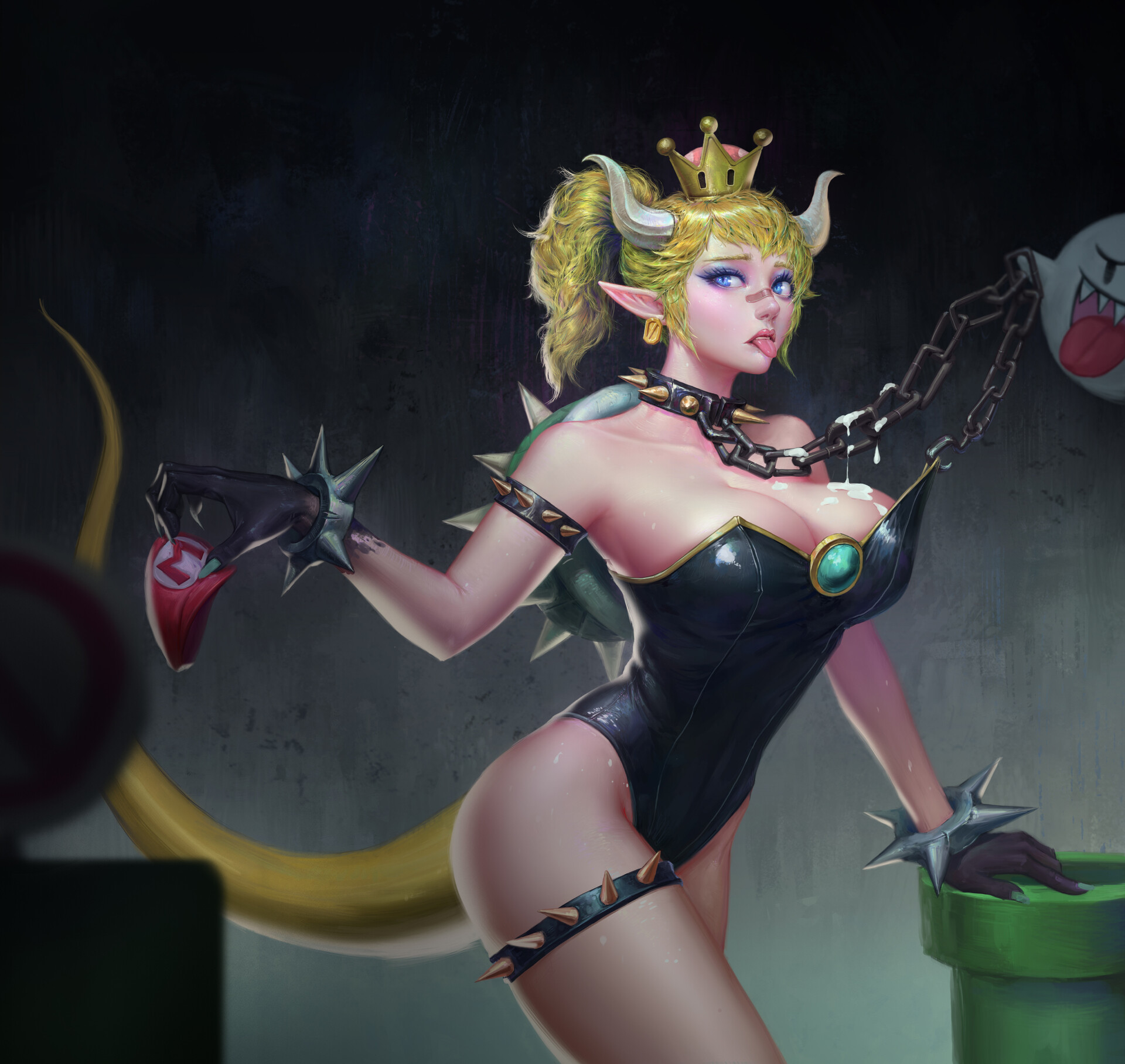 General 1920x1817 Bowsette cleavage blonde crown curvy blue eyes Mario Bros. chains artwork digital art tongue out