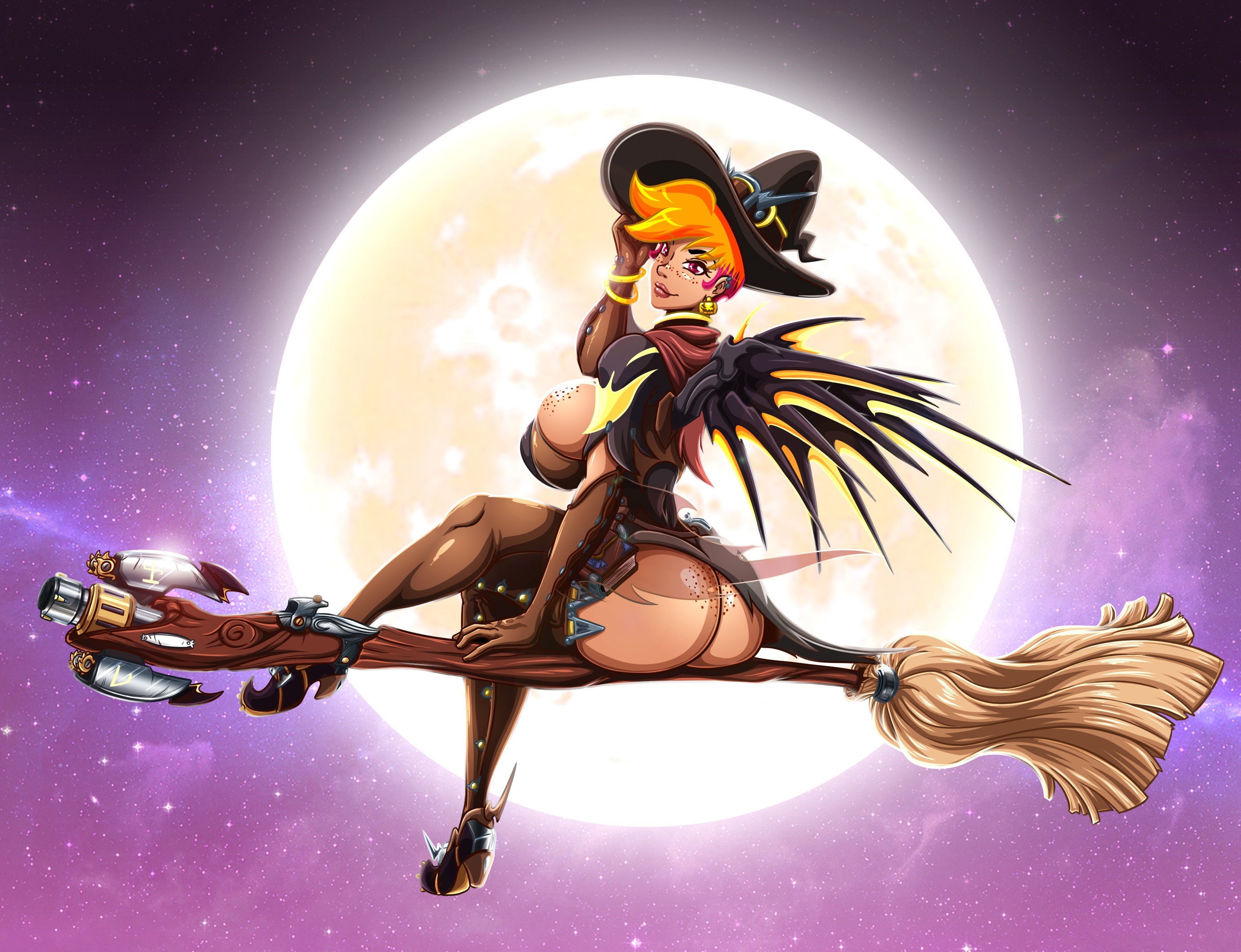General 3045x2337 witch ass big boobs Moon fantasy girl broom digital art